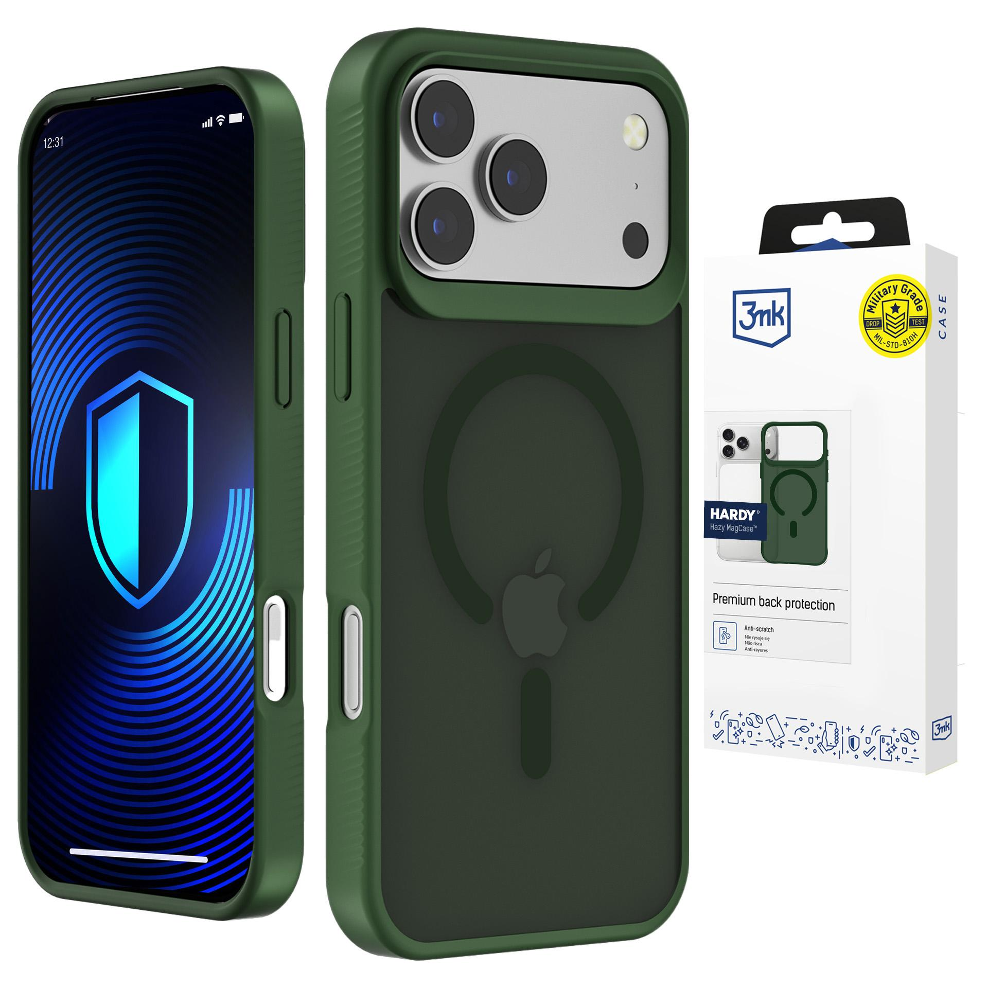 Zielone etui na telefon z logo MagSafe i opakowaniem.