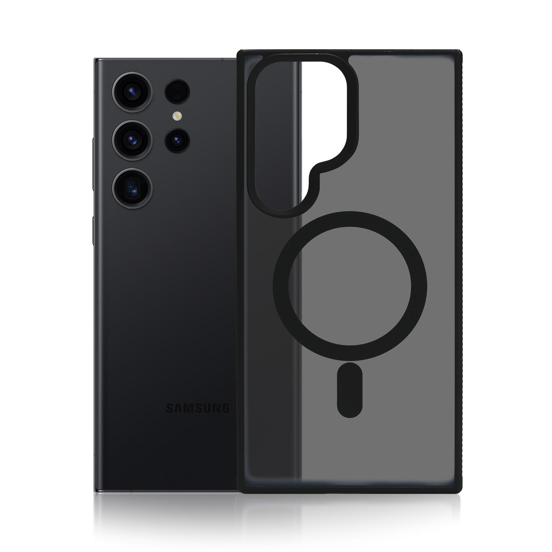 Czarny smartfon z aparatami obok przezroczystego etui.