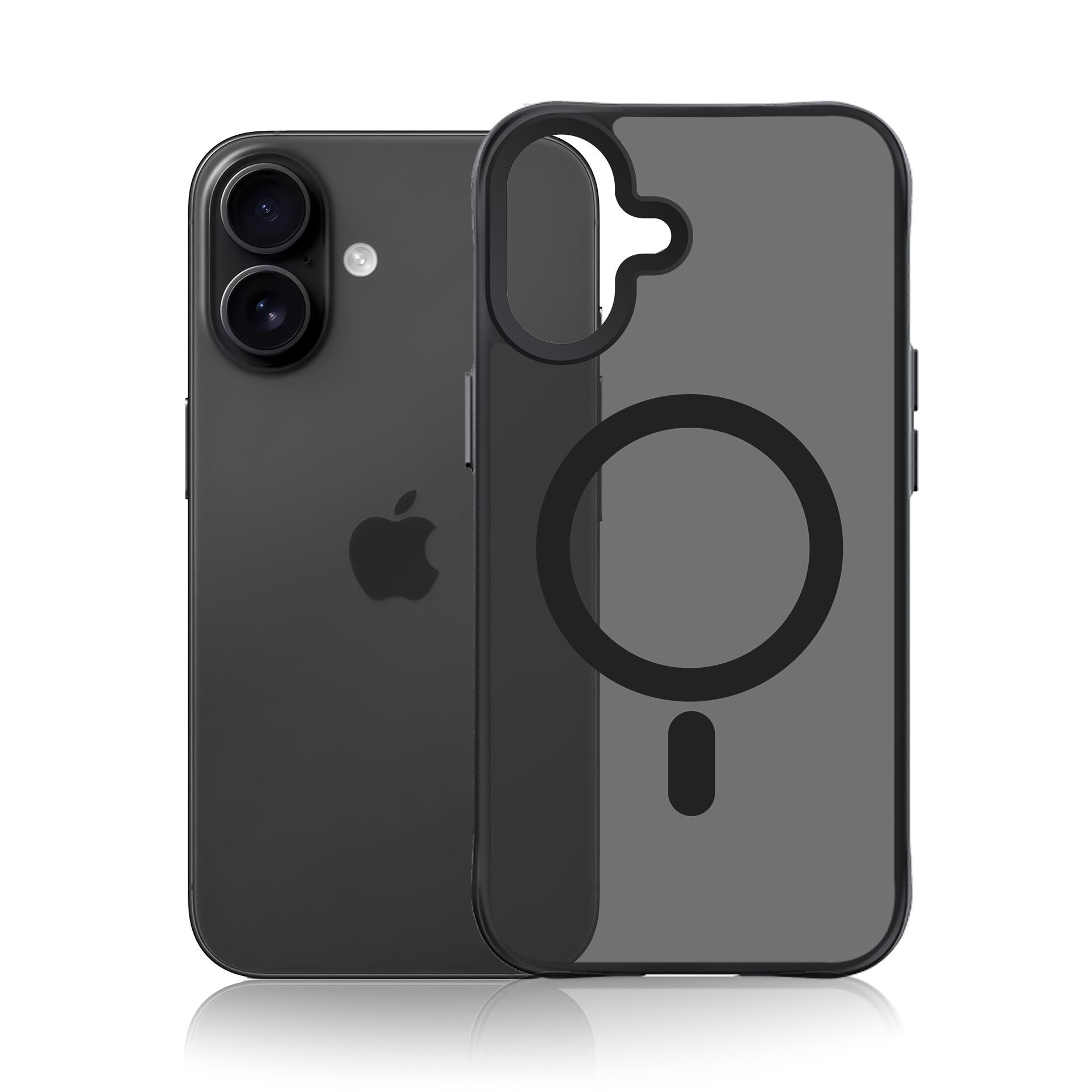 Ciemnoszare iPhone z modułem aparatu obok przezroczystego etui ochronnego z pierścieniem.