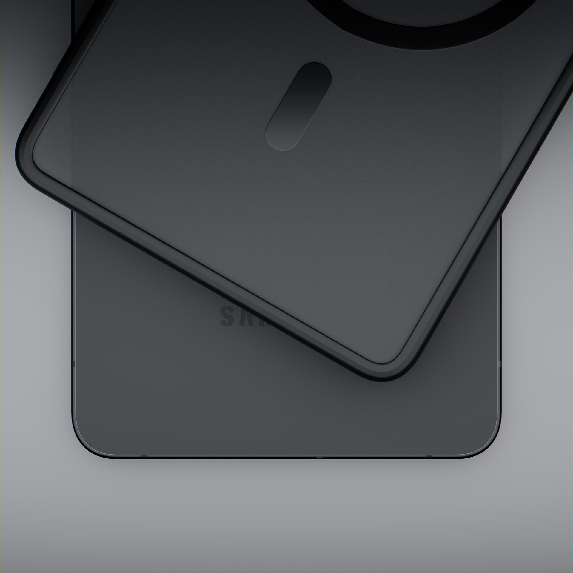 Ciemnoszary smartfon z etui i owalnym wycięciem.