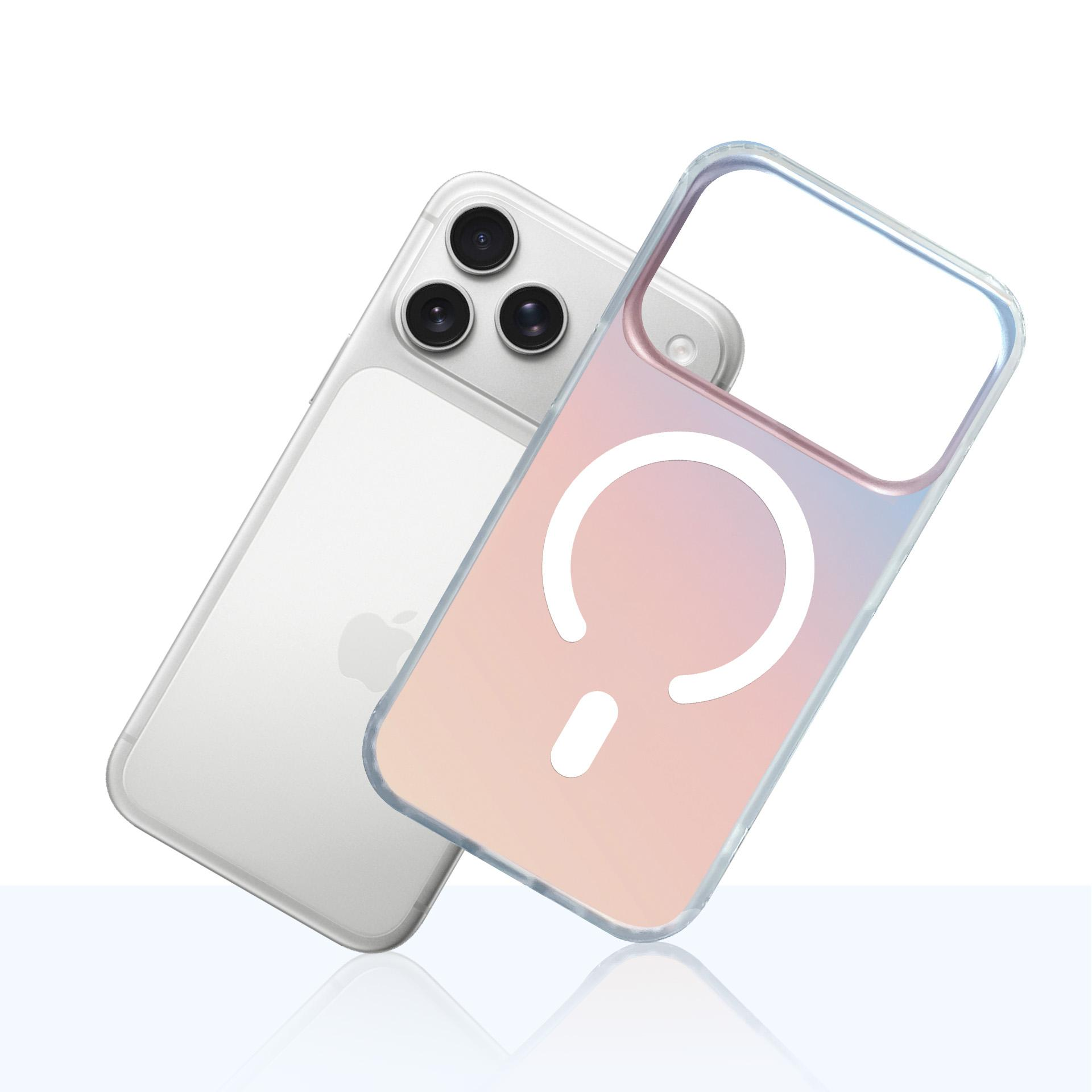 Przezroczyste etui na telefon z gradientem leży na białym iPhonie.