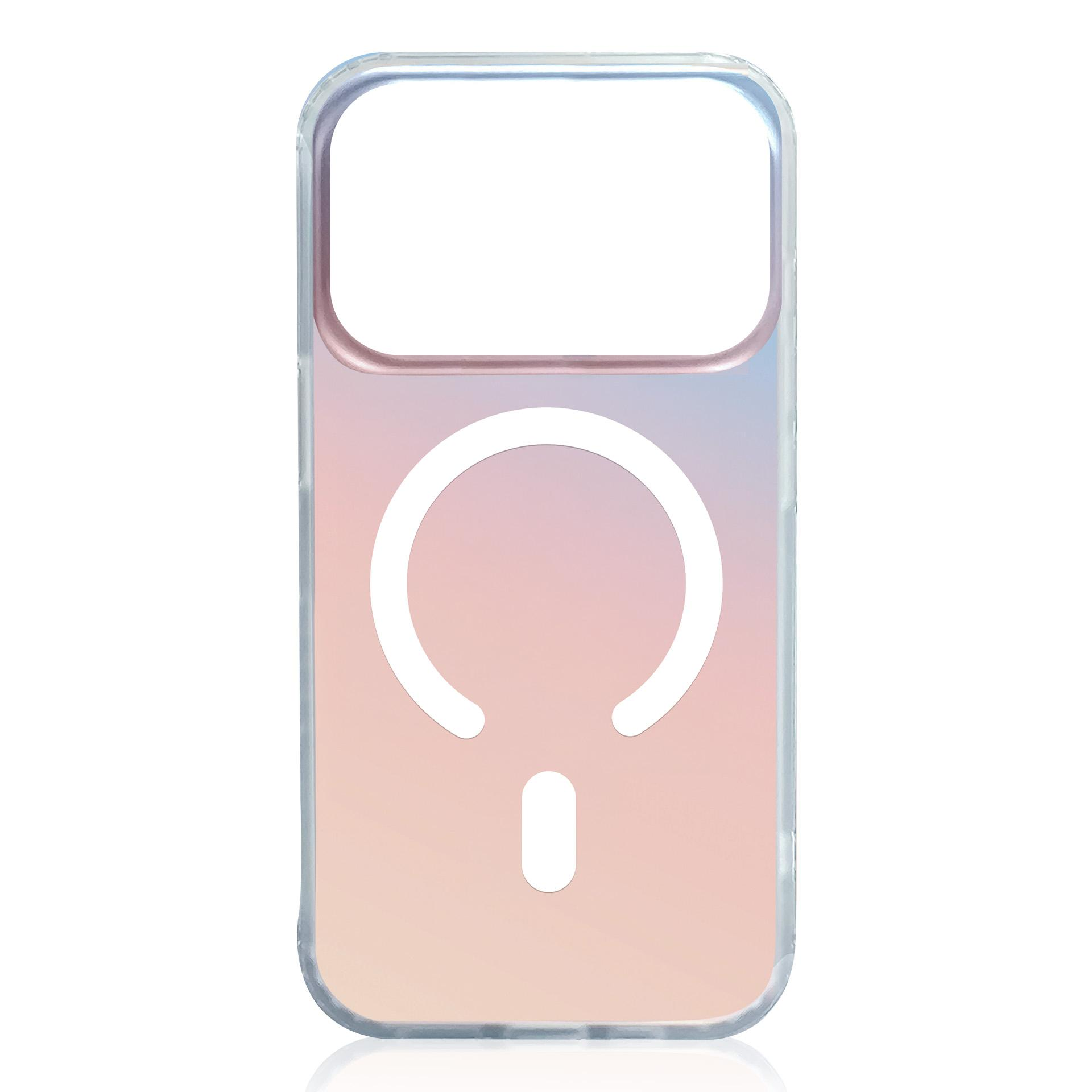 Przezroczyste etui na telefon z gradientem różowo-niebieskim i białym kołem MagSafe.