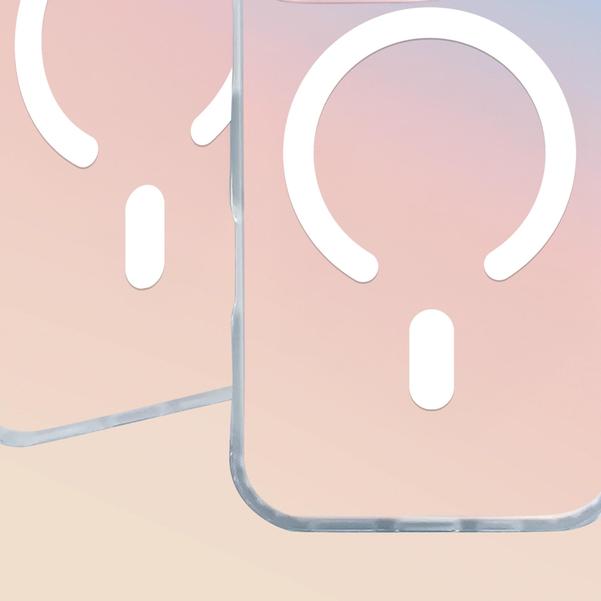 Dwa przezroczyste etui na telefon z białym wzorem koła i kropki na różowym tle.