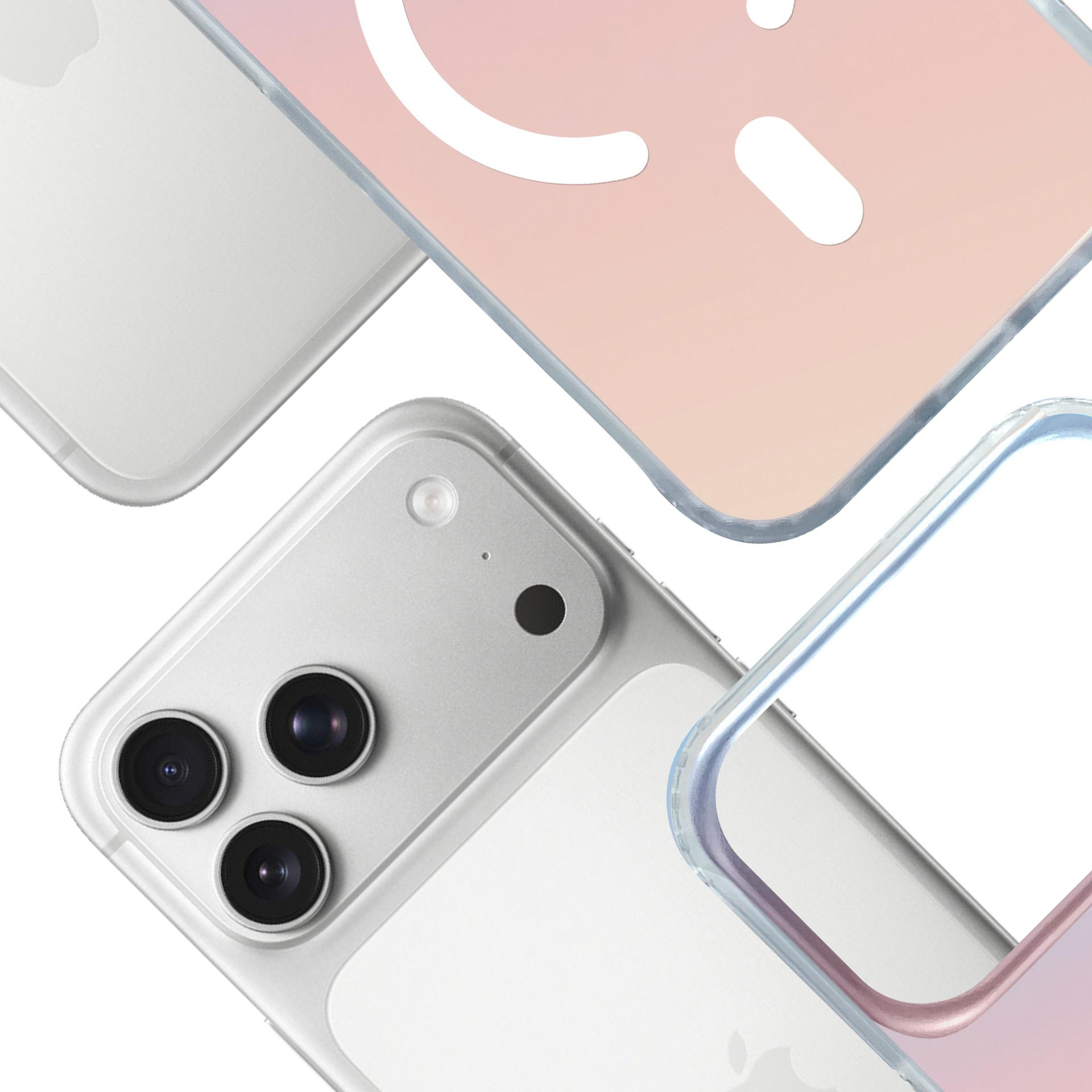 Zbliżenie trzech iPhone'ów w przezroczystych etui na białym tle.