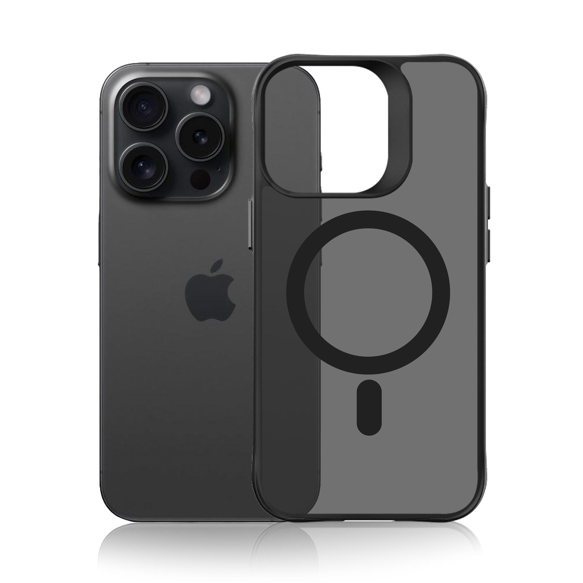 Ciemnoszare iPhone z aparatem i etui.