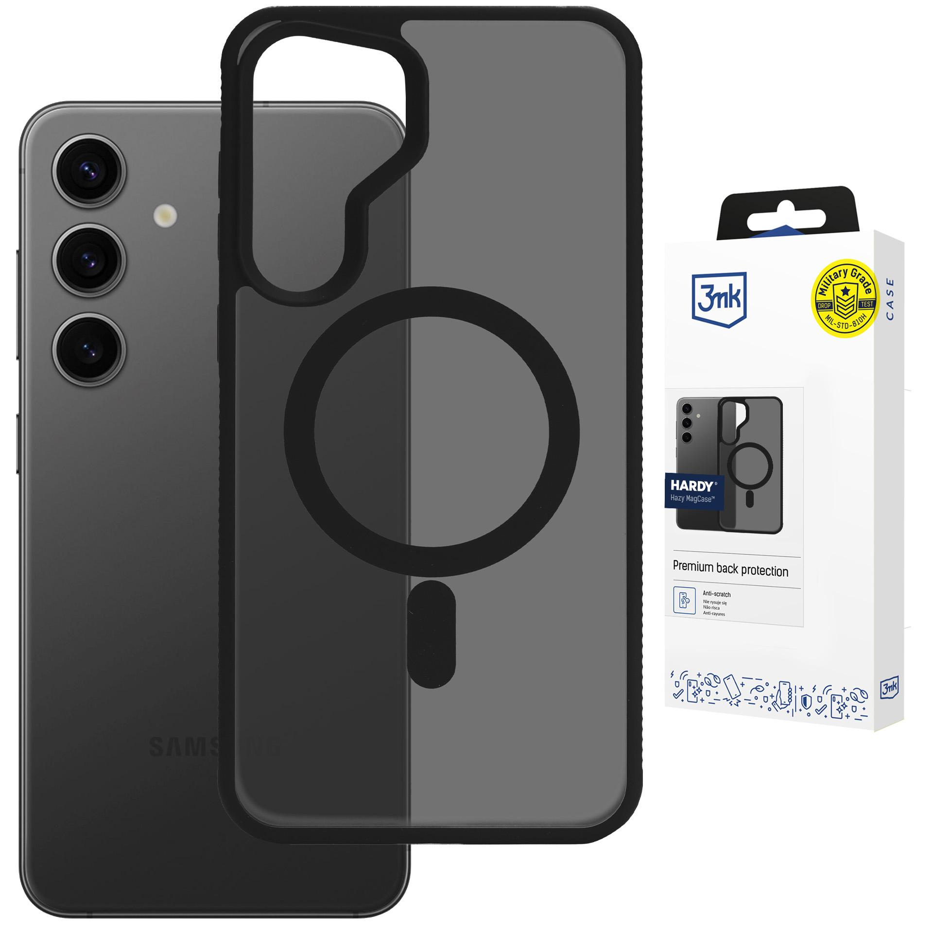 Ciemne etui na telefon z magnetycznym pierścieniem obok smartfona.