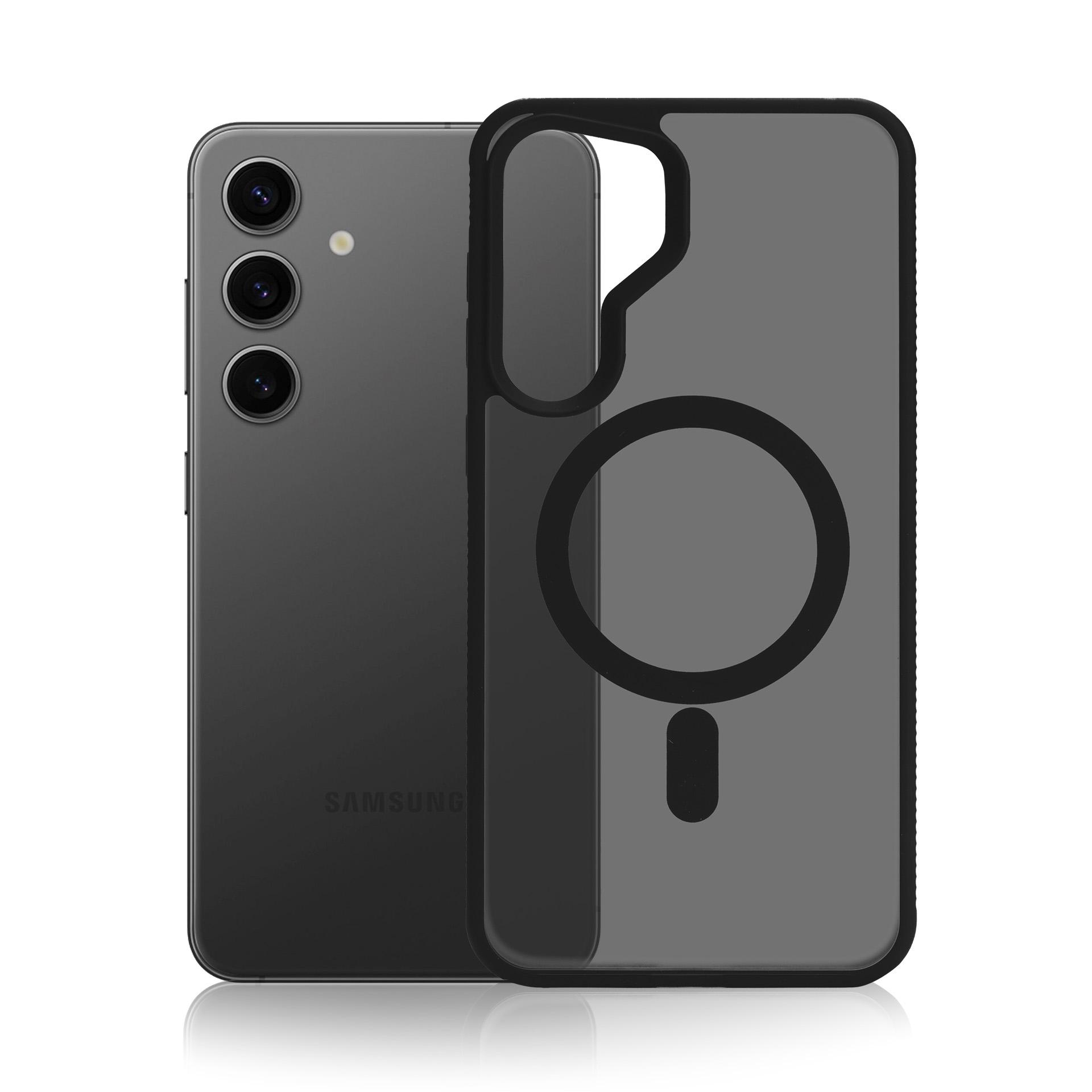 Czarny telefon Samsung obok przezroczystego etui z magnetycznym pierścieniem.