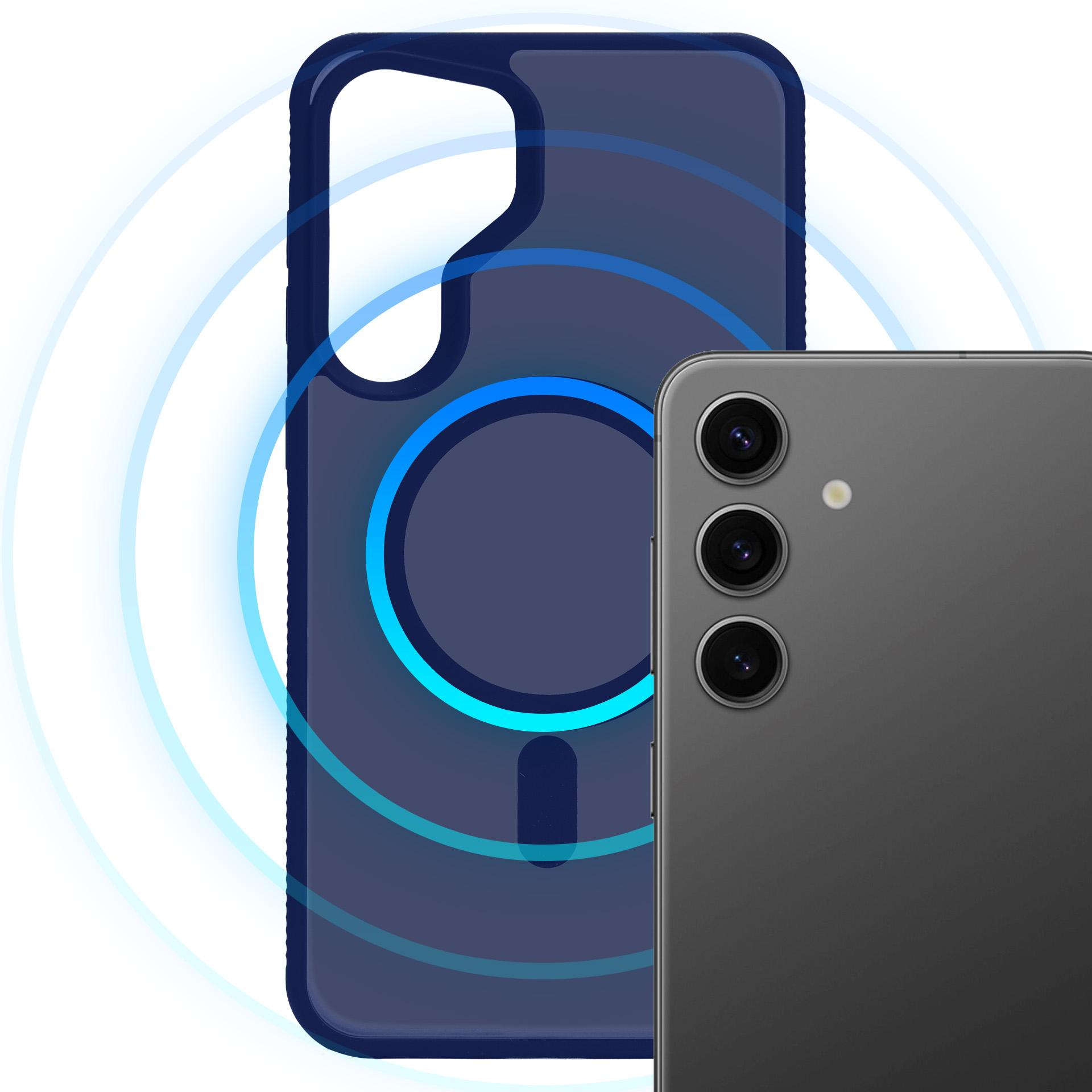 Ciemna obudowa na telefon z niebieskimi pierścieniami przed ciemnym smartfonem.