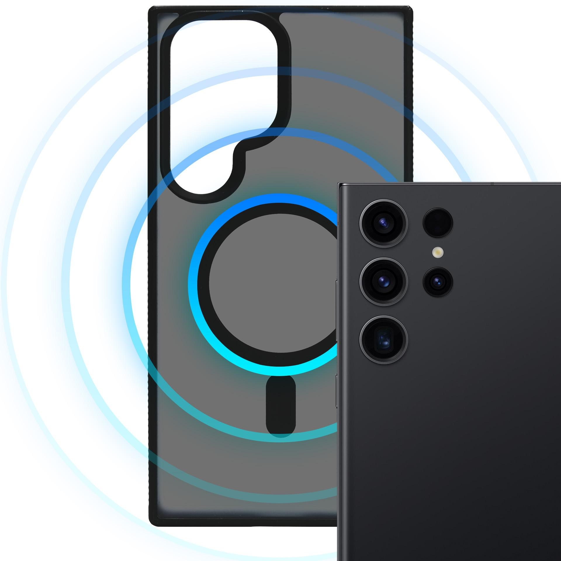 Czarny smartfon spoczywa obok przezroczystego etui z magnetycznym pierścieniem.
