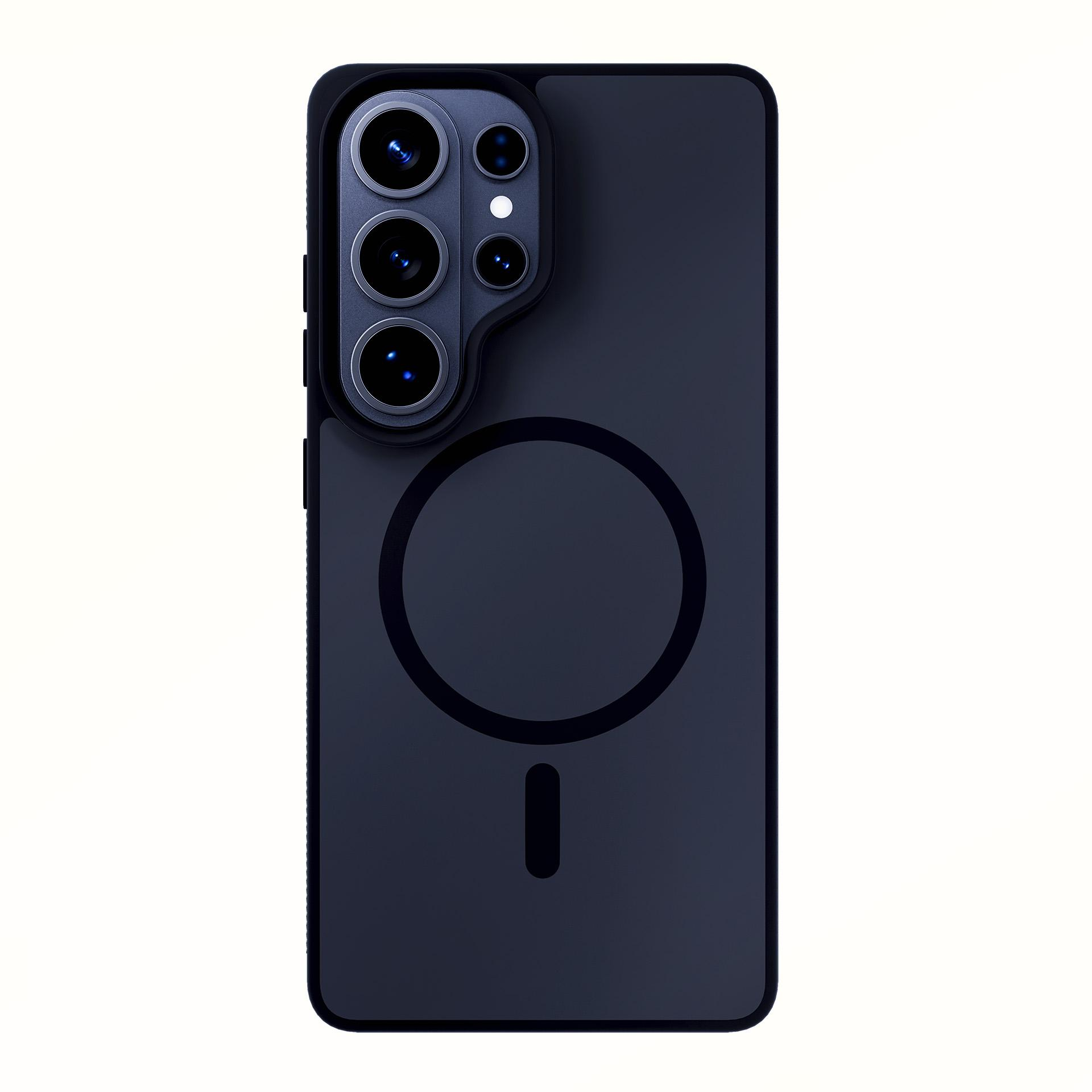 Granatowe etui na telefon z modułem aparatu i pierścieniem magnetycznym.