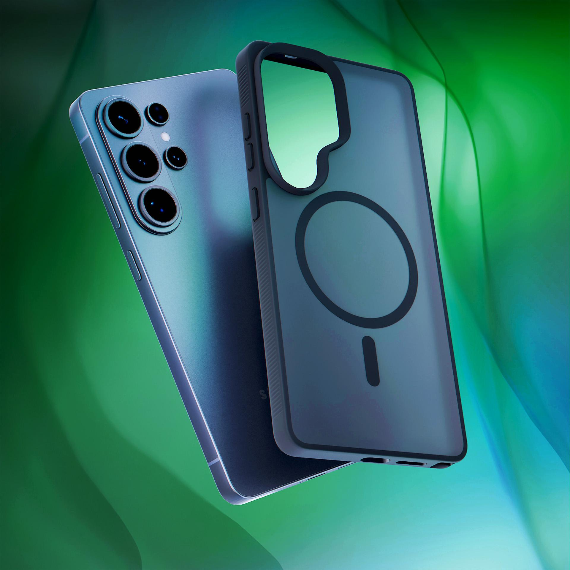 Niebieski smartfon z czterema aparatami obok ciemnego etui ochronnego.