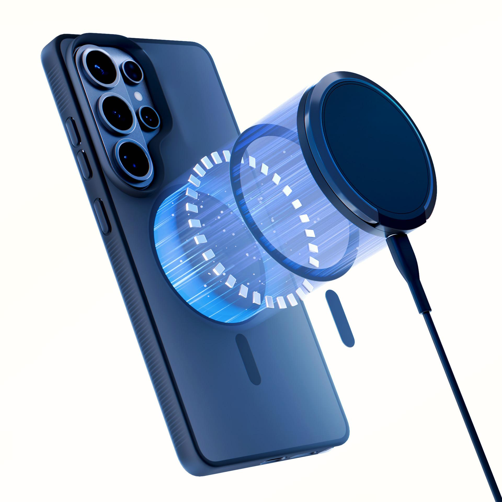 Ciemnoniebieski telefon z portem ładowania i okrągłą ładowarką.