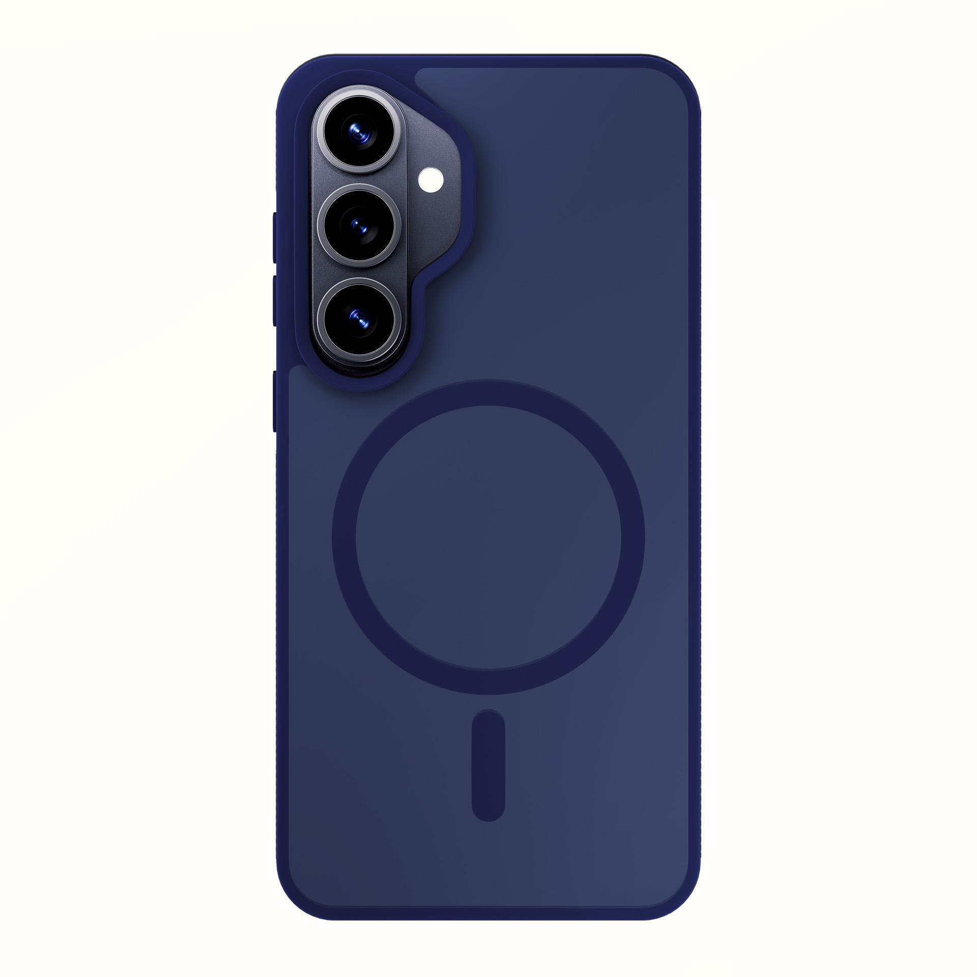 Granatowe etui na telefon z trzema aparatami i pierścieniem magnetycznym.