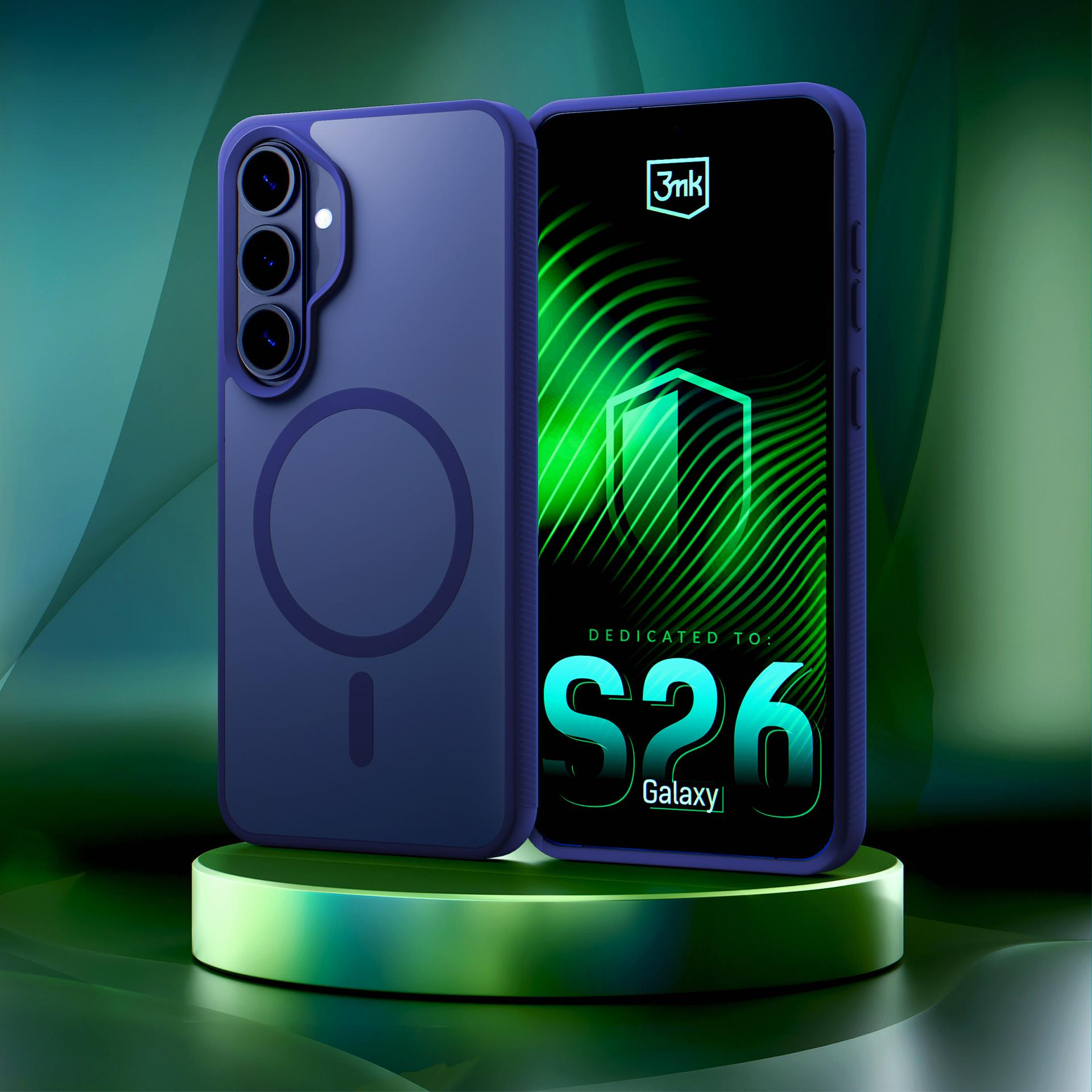 Niebieski telefon z etui MagSafe obok smartfona z zielonym tłem.