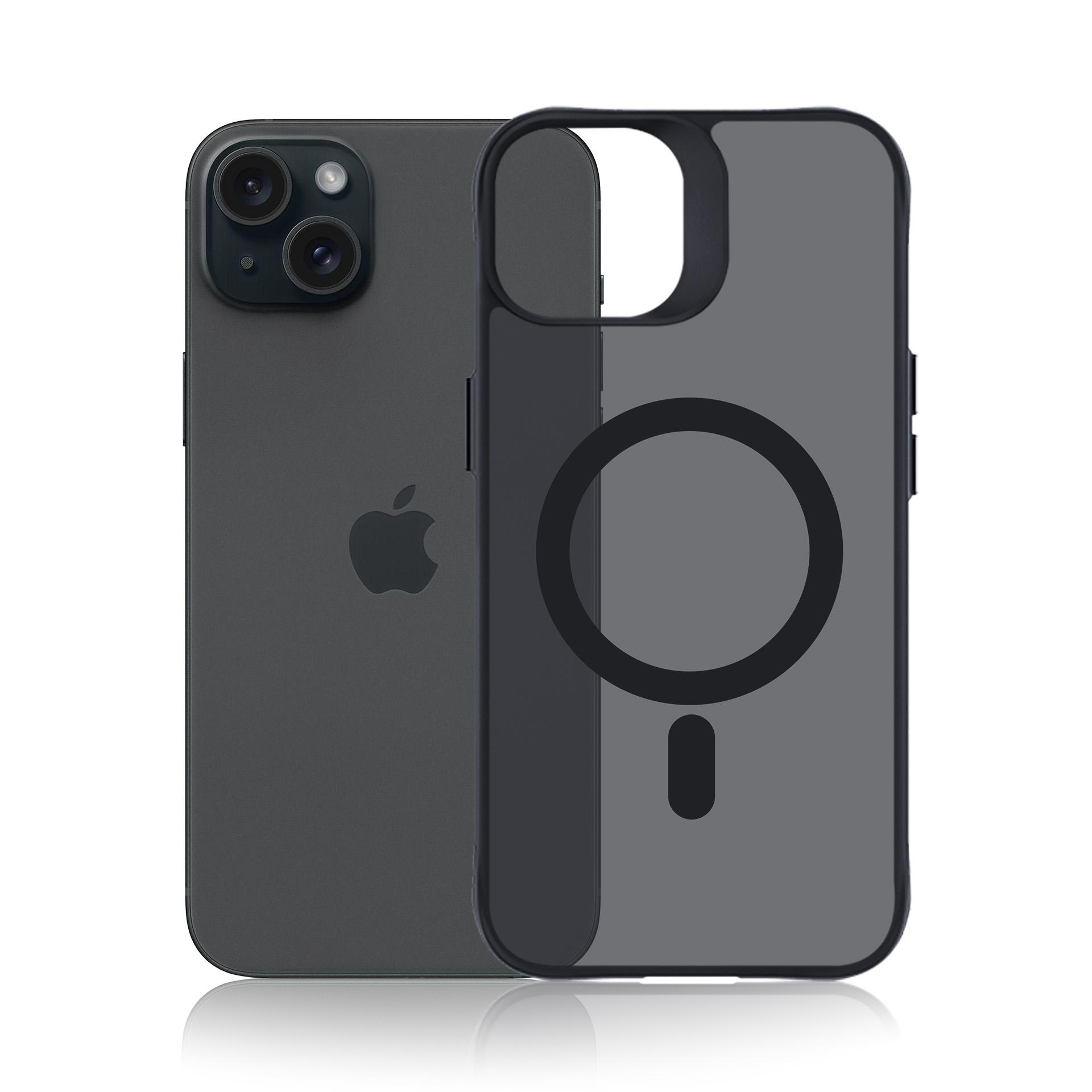 Ciemnoszary iPhone z etui MagSafe obok na białym tle.