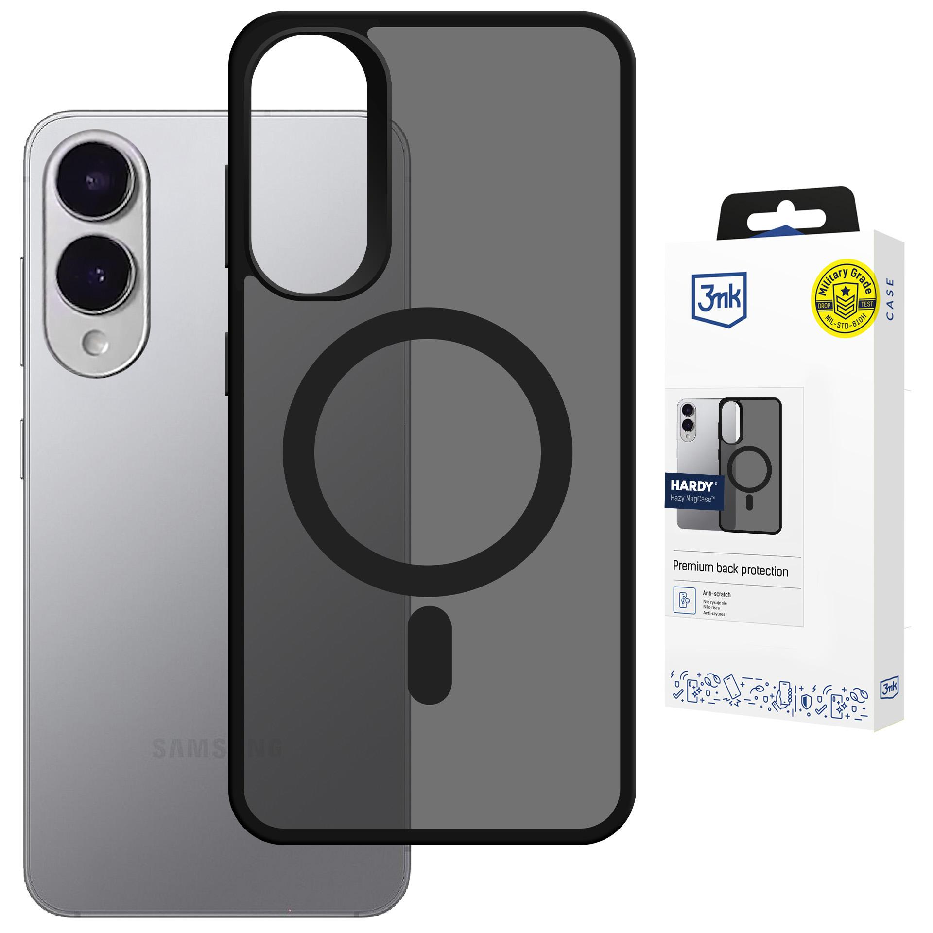 Srebrny telefon Samsung obok ciemnoszarego etui ochronnego z pierścieniem magnetycznym.