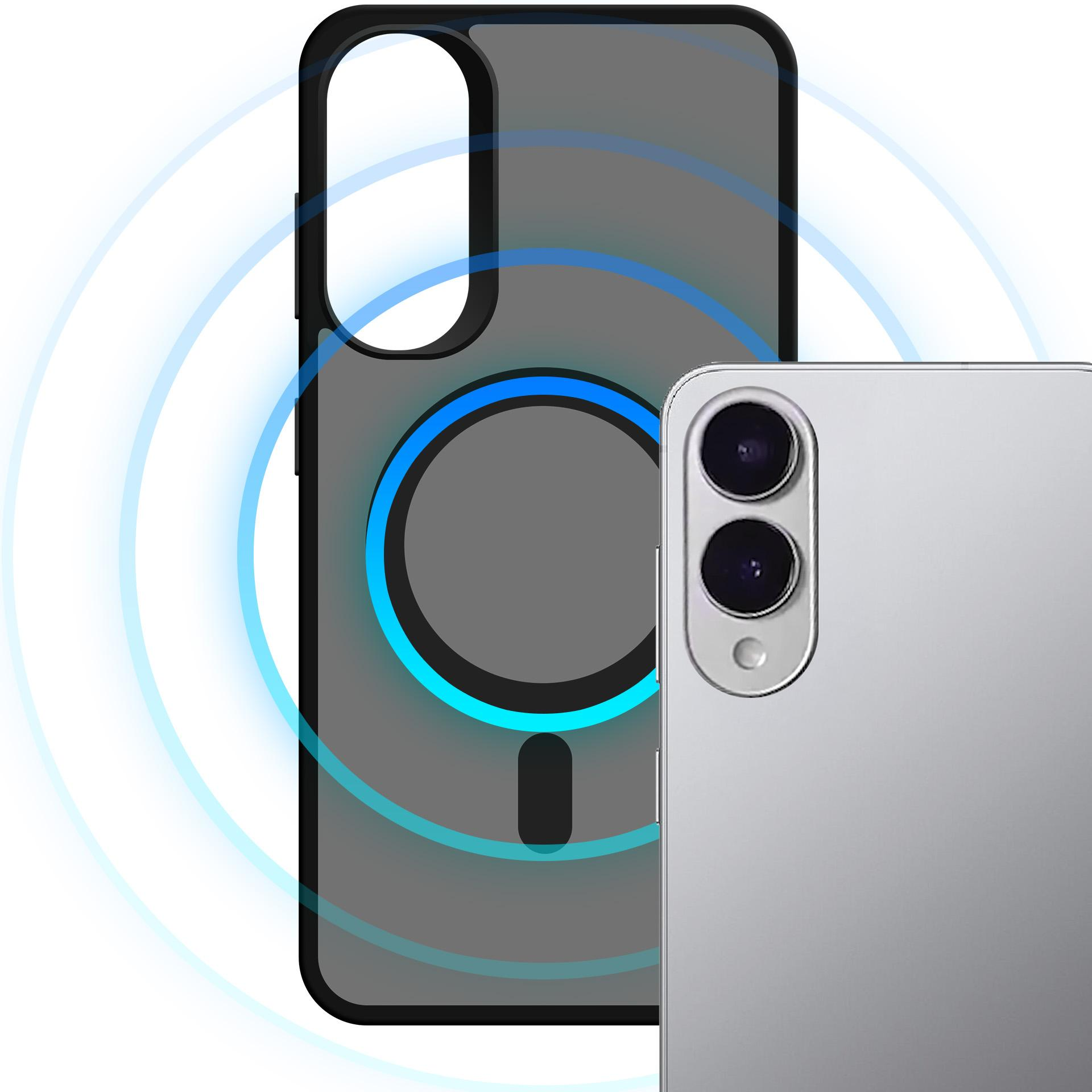 Srebrny smartfon obok etui na telefon z niebieskimi pierścieniami.
