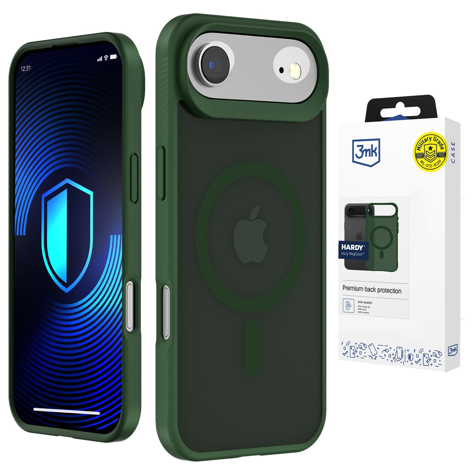Zielone etui na iPhone z logo Apple i pierścieniem MagSafe, obok opakowania.