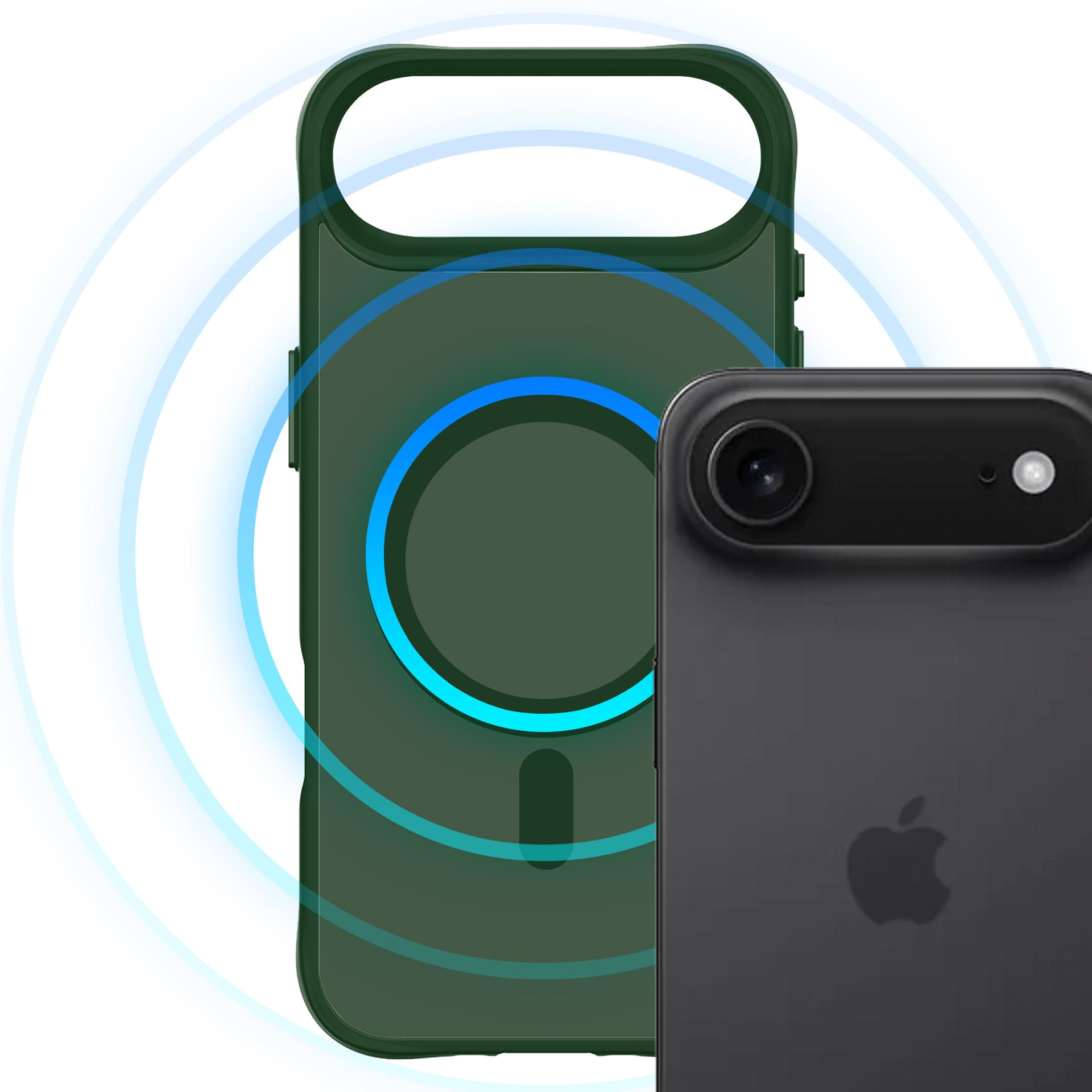 Ciemnozielona obudowa na telefon z niebieskimi pierścieniami, obok czarnego iPhone'a.