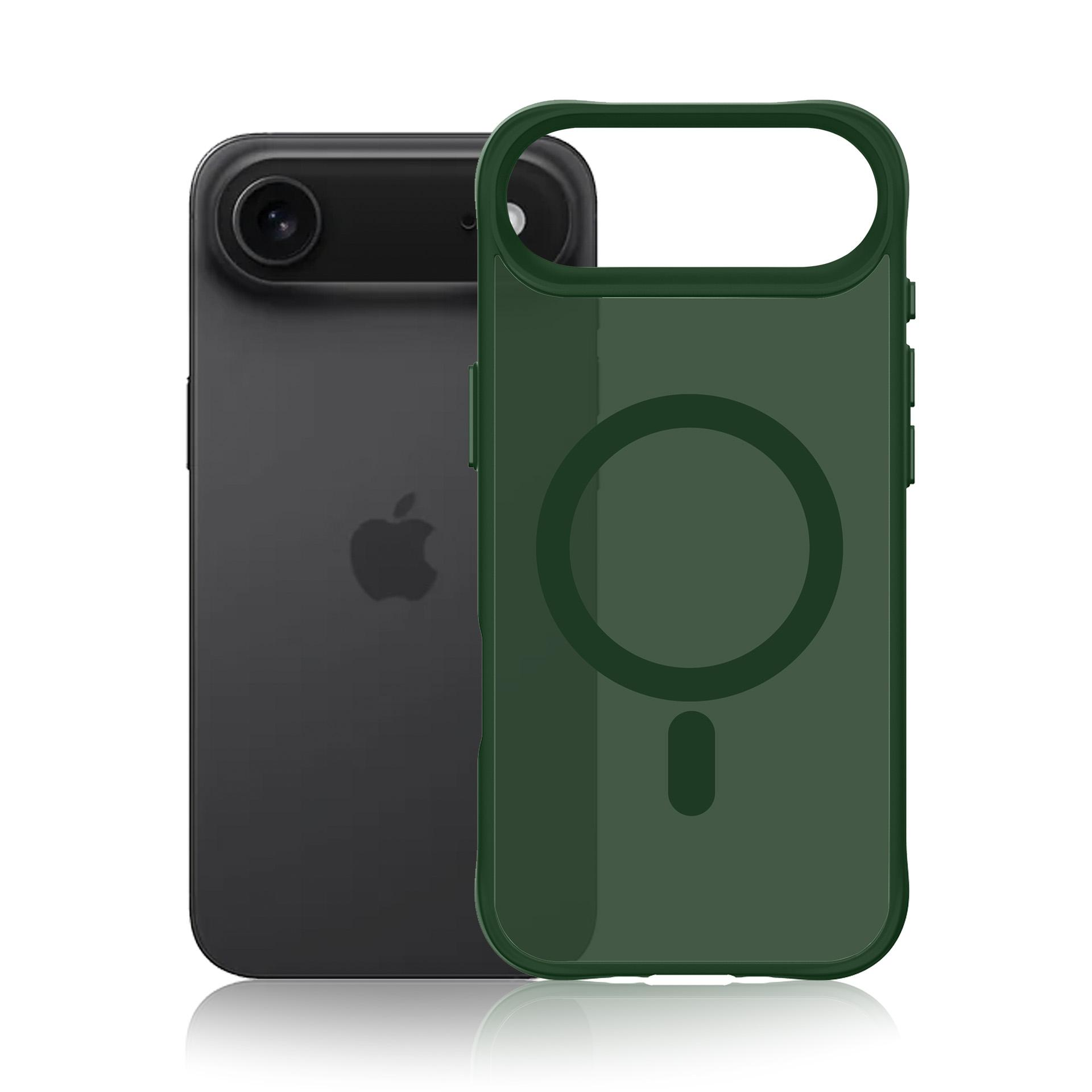 Czarny iPhone z zielonym etui obok.