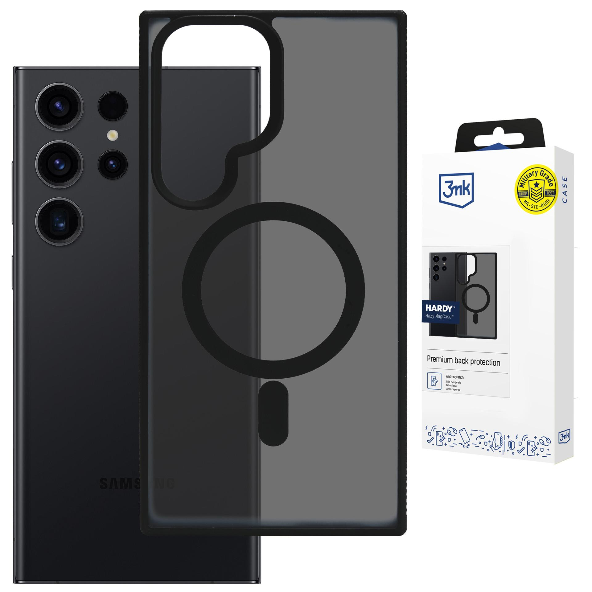 Czarny telefon Samsung obok przezroczystego etui. Opakowanie po prawej stronie.