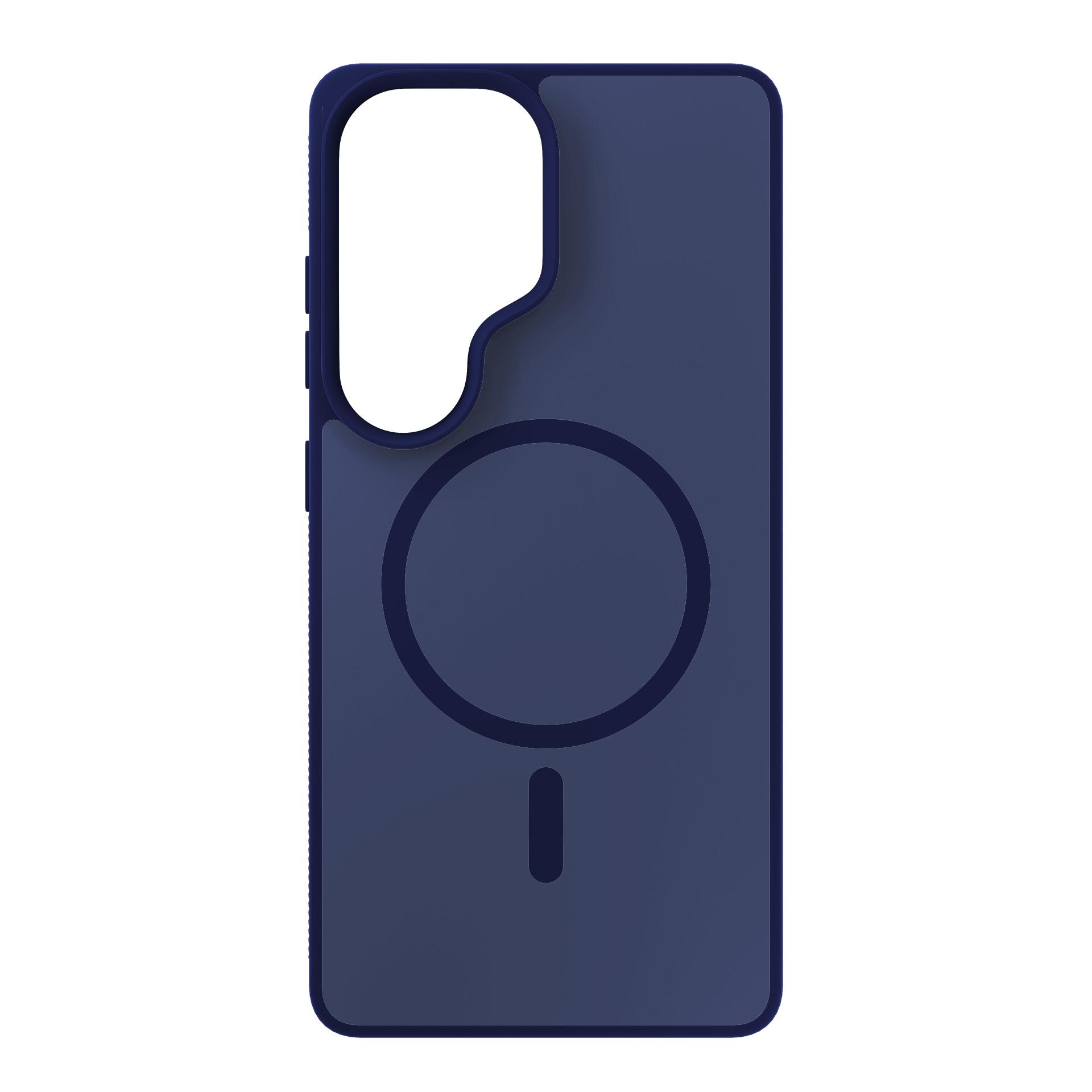 Granatowe etui na telefon z wzorem koła i kreski z tyłu.