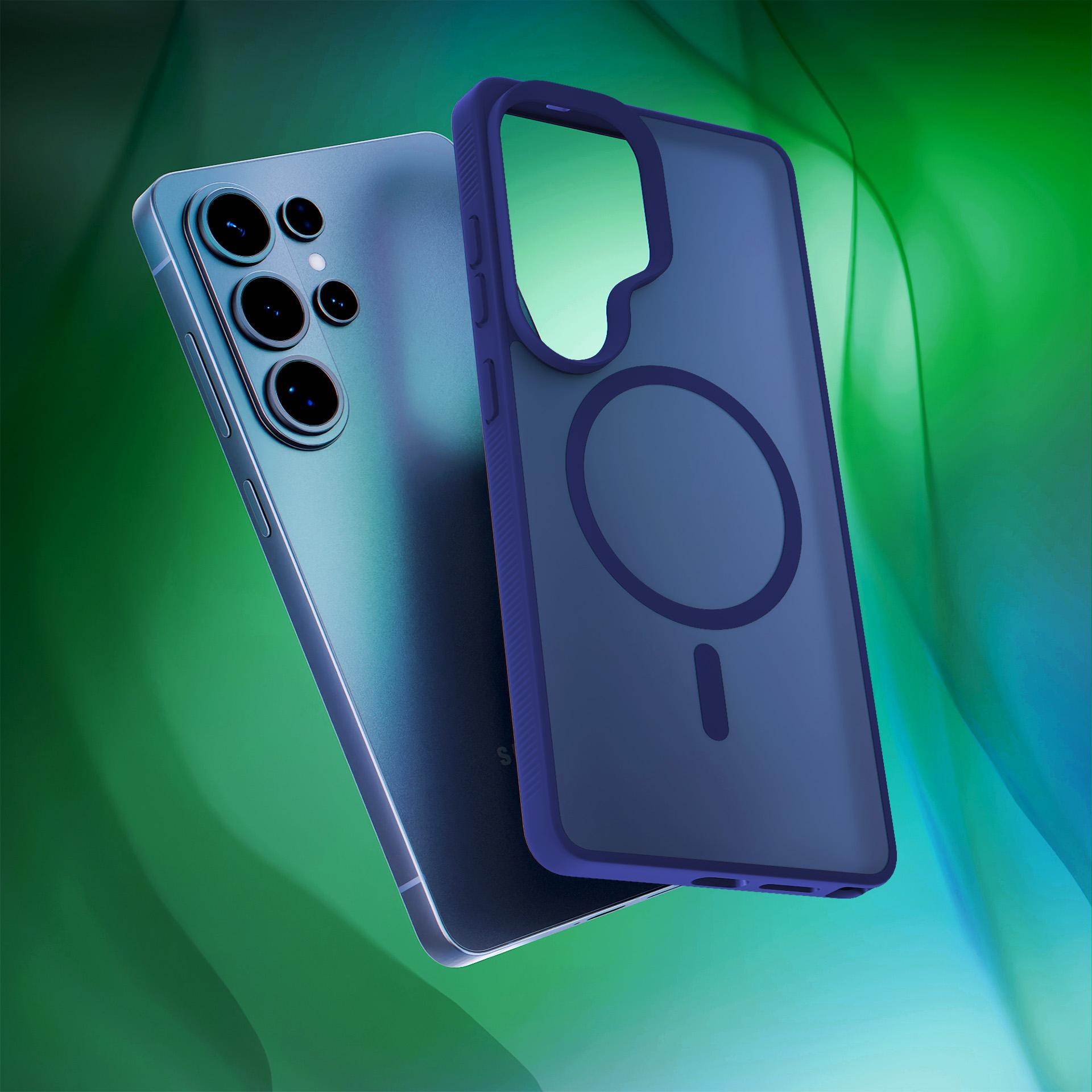 Niebieski smartfon z czterema aparatami obok pasującego etui.