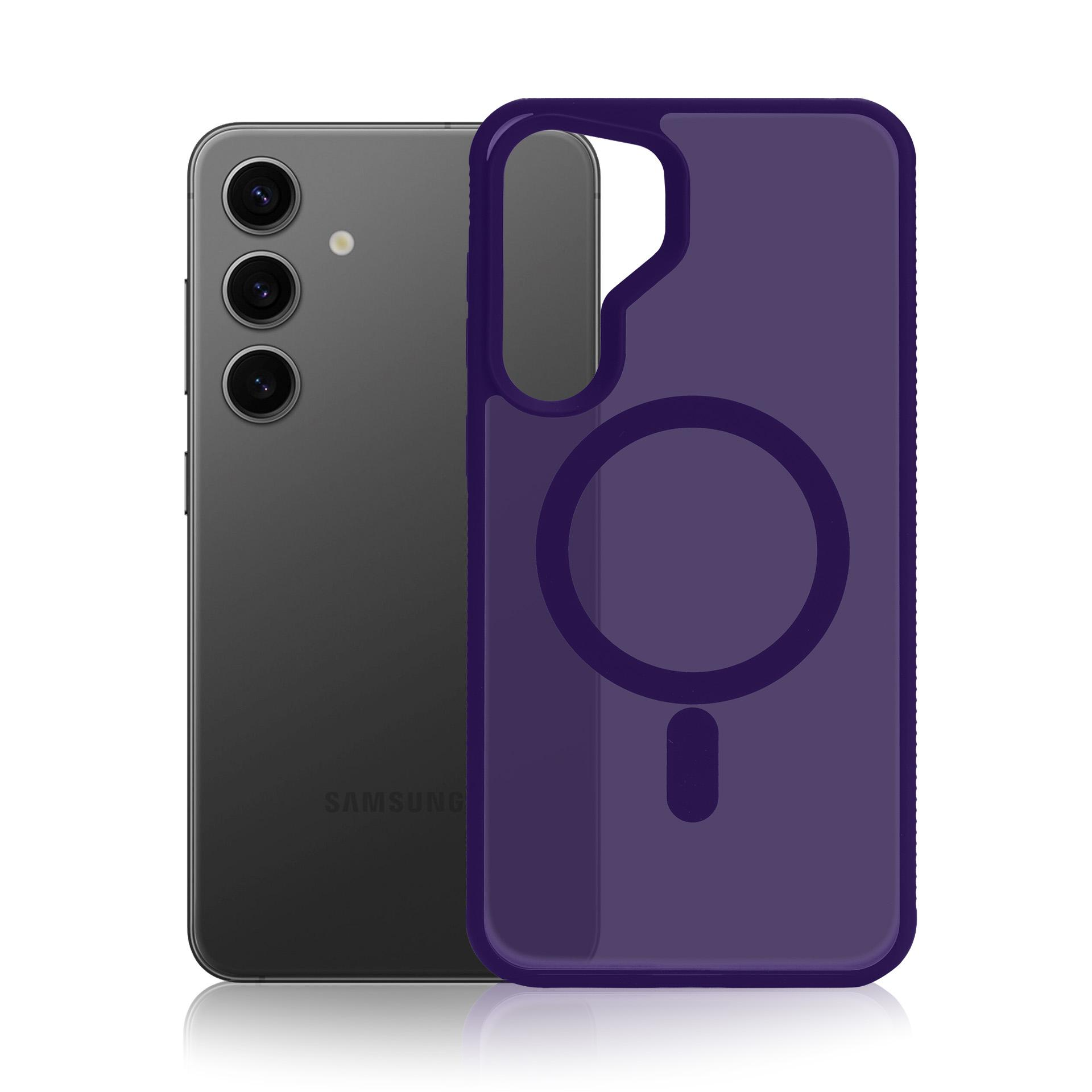 Ciemny telefon Samsung obok fioletowego etui ochronnego.