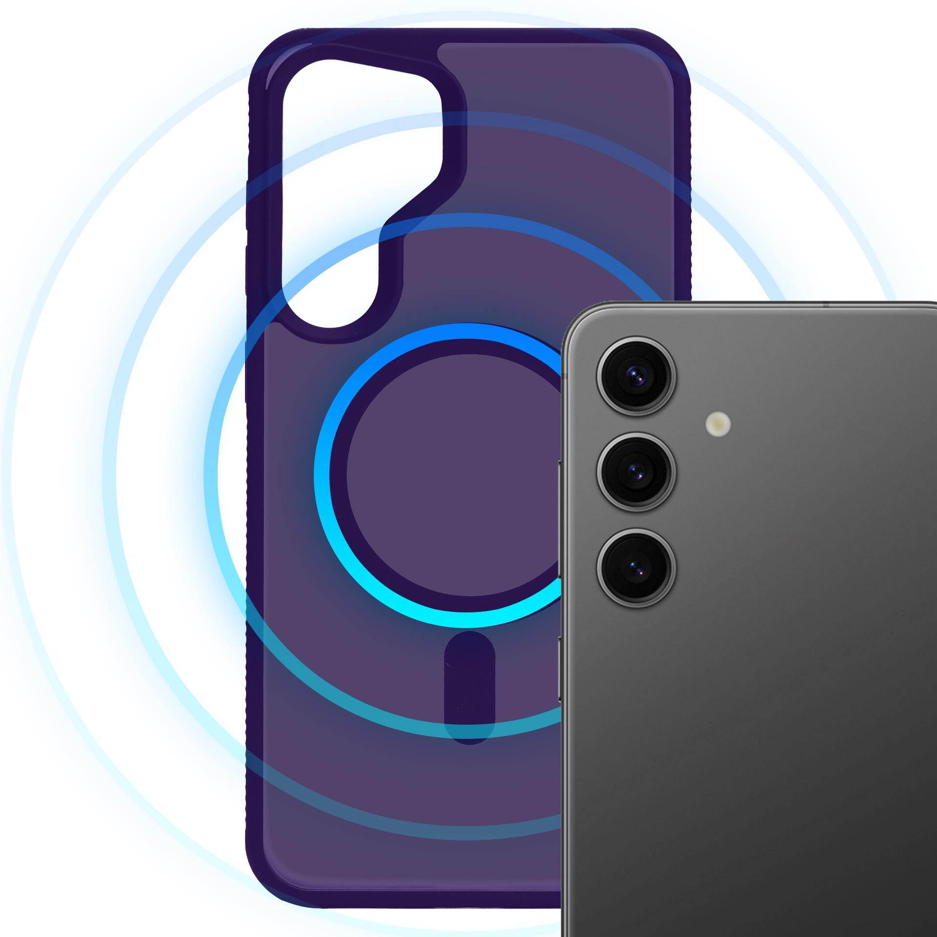 Ciemnofioletowe etui na telefon z niebieskimi pierścieniami obok smartfona.
