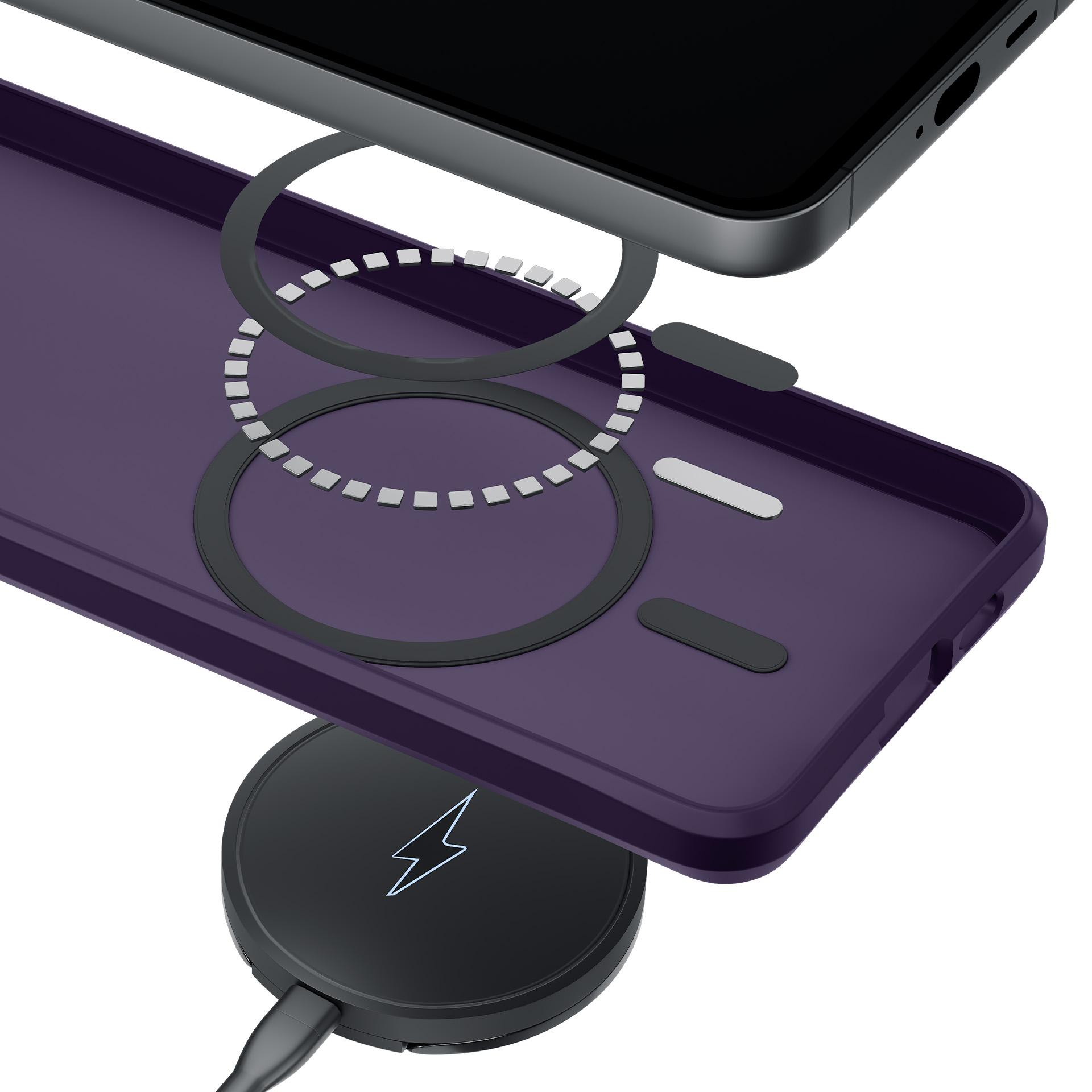 Fioletowe etui na telefon z pierścieniem magnetycznym i ładowarką bezprzewodową.