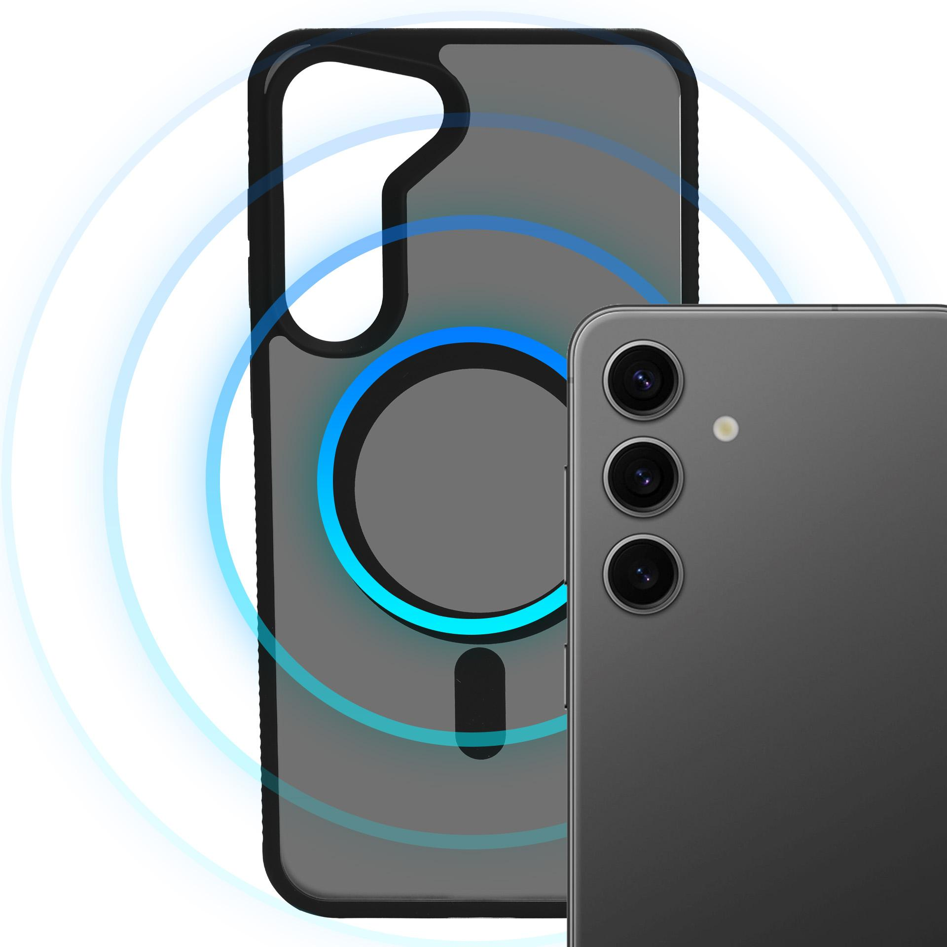 Czarne etui na telefon z niebieskimi pierścieniami obok szarego smartfona.