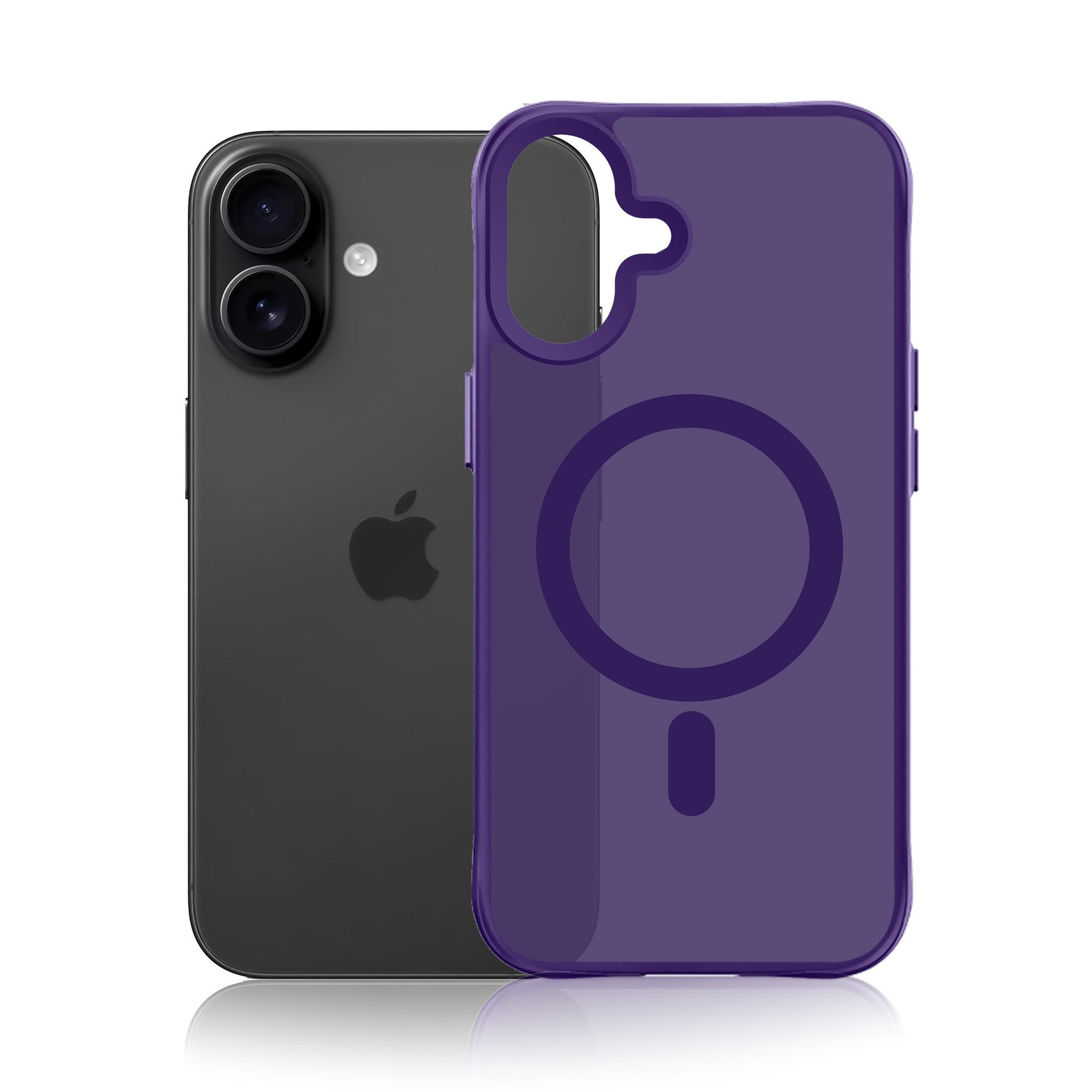 Czarny iPhone obok przezroczystego fioletowego etui z pierścieniem MagSafe.
