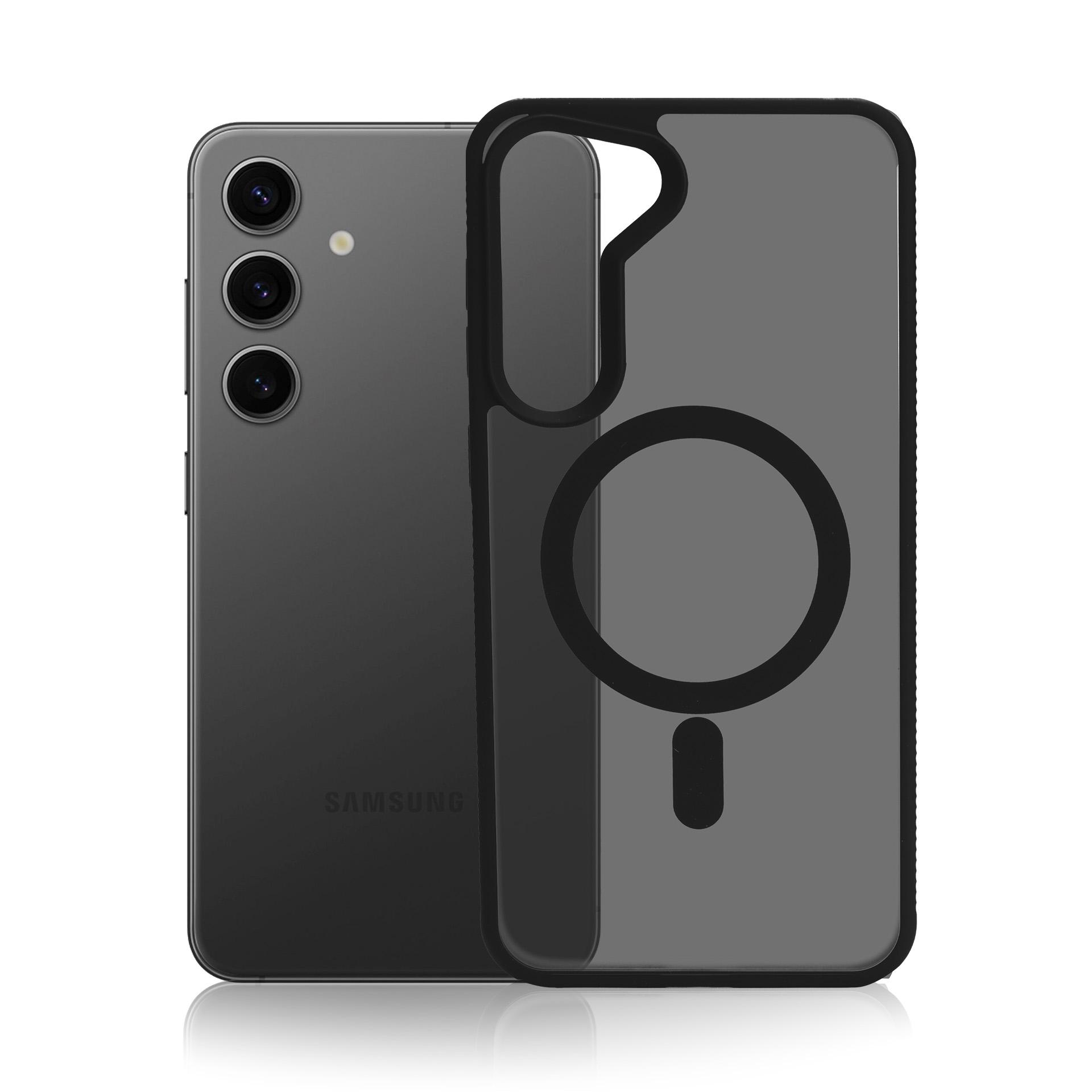 Szary smartfon leży obok przezroczystego etui z pierścieniem magnetycznym.