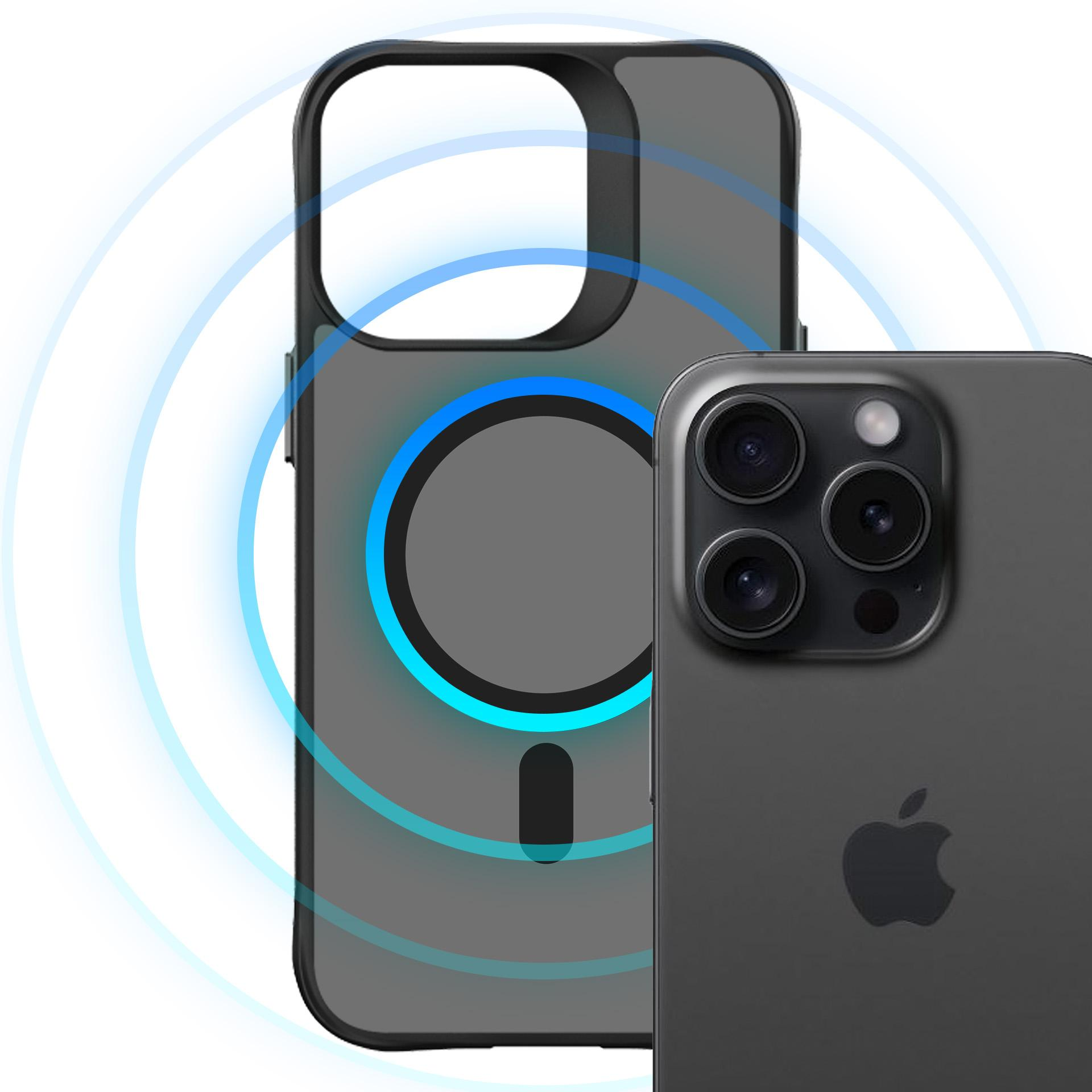 Czarny iPhone z trzema aparatami i magnetycznym etui ładującym z niebieskimi pierścieniami.
