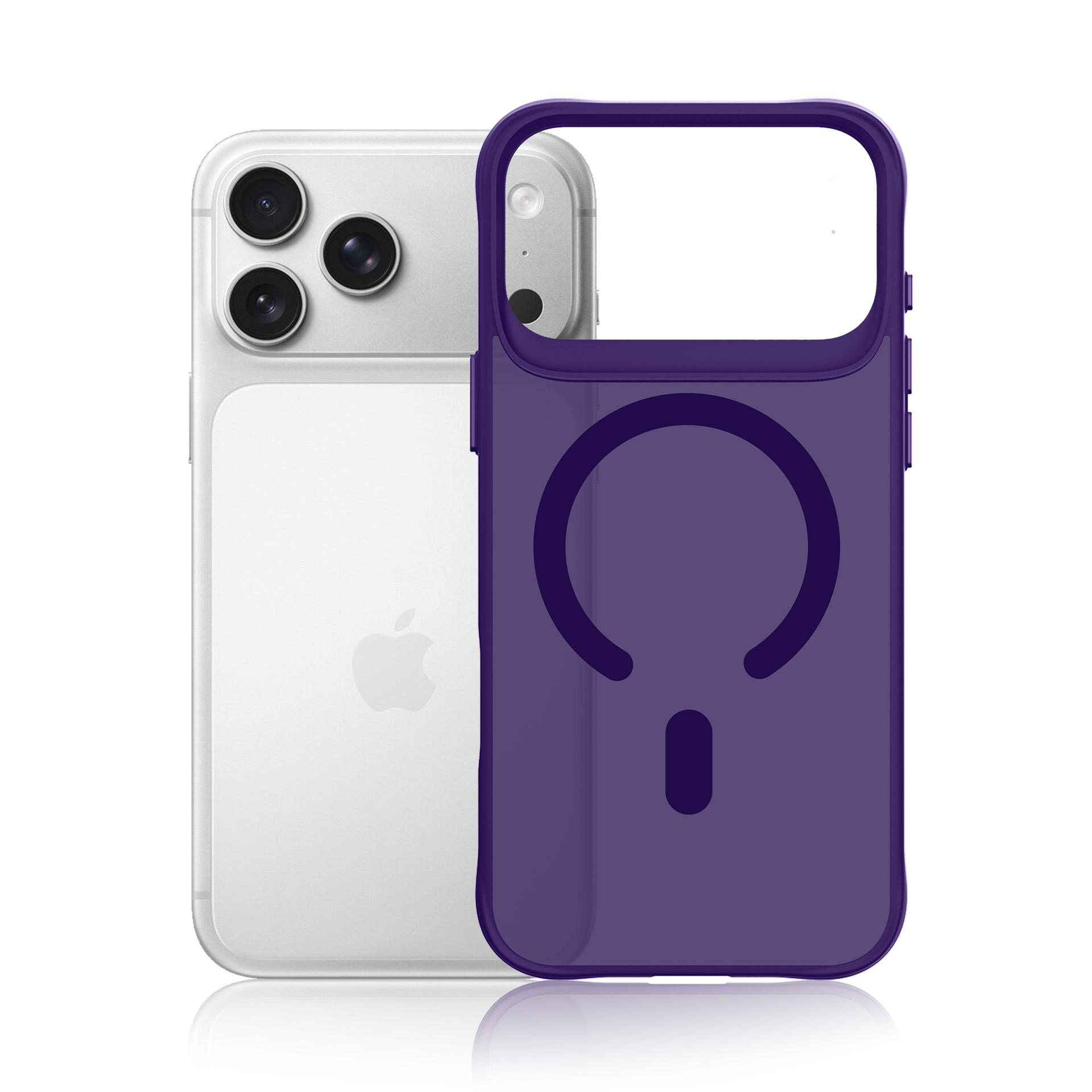 Biały smartfon z trzema aparatami obok przezroczystego fioletowego etui.