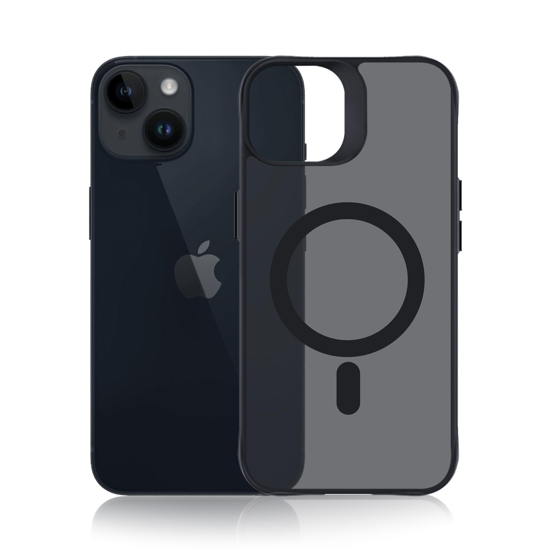 Ciemnoniebieski iPhone z etui MagSafe, widok z przodu i tyłu.