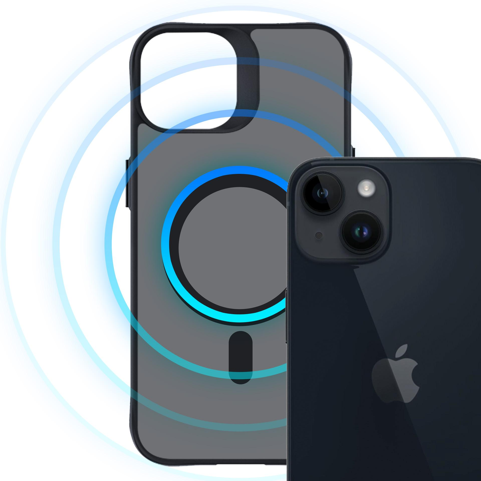 Ciemnoniebieski iPhone z modułem aparatu i przezroczystym etui MagSafe.