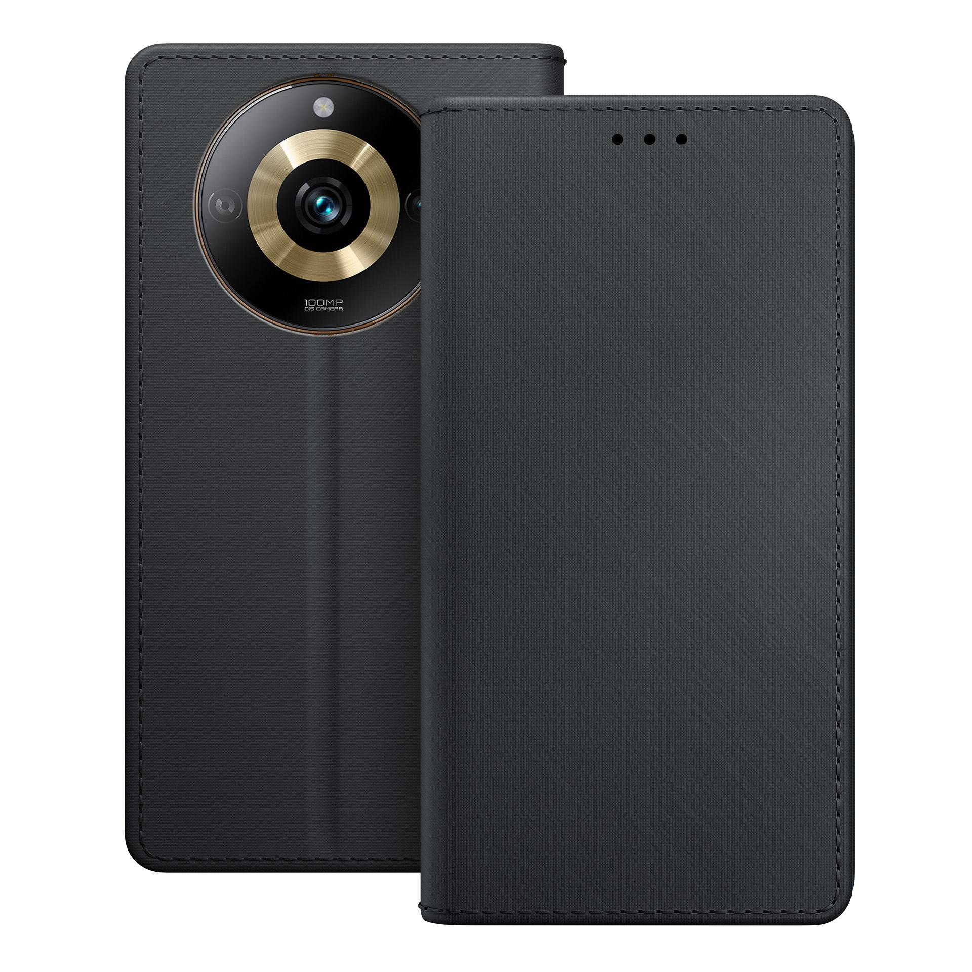 Czarny smartfon z dużą kamerą i otwartą klapką.