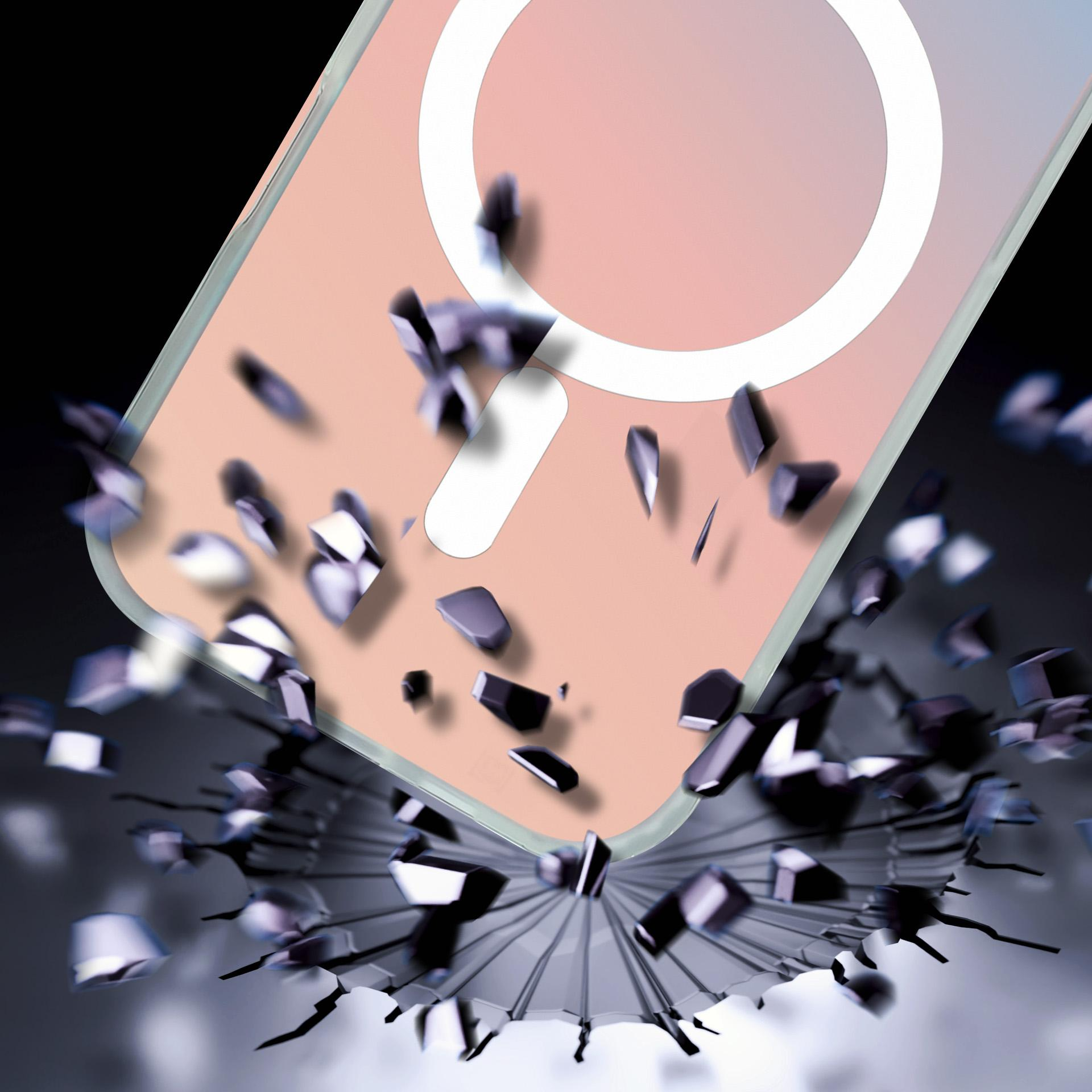 Una funda de teléfono se rompe en fragmentos negros sobre una superficie gris.