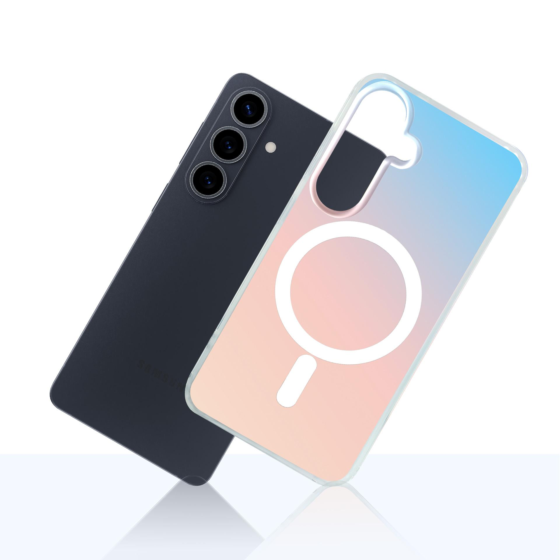 Ciemny smartfon obok przezroczystego etui z gradientem.