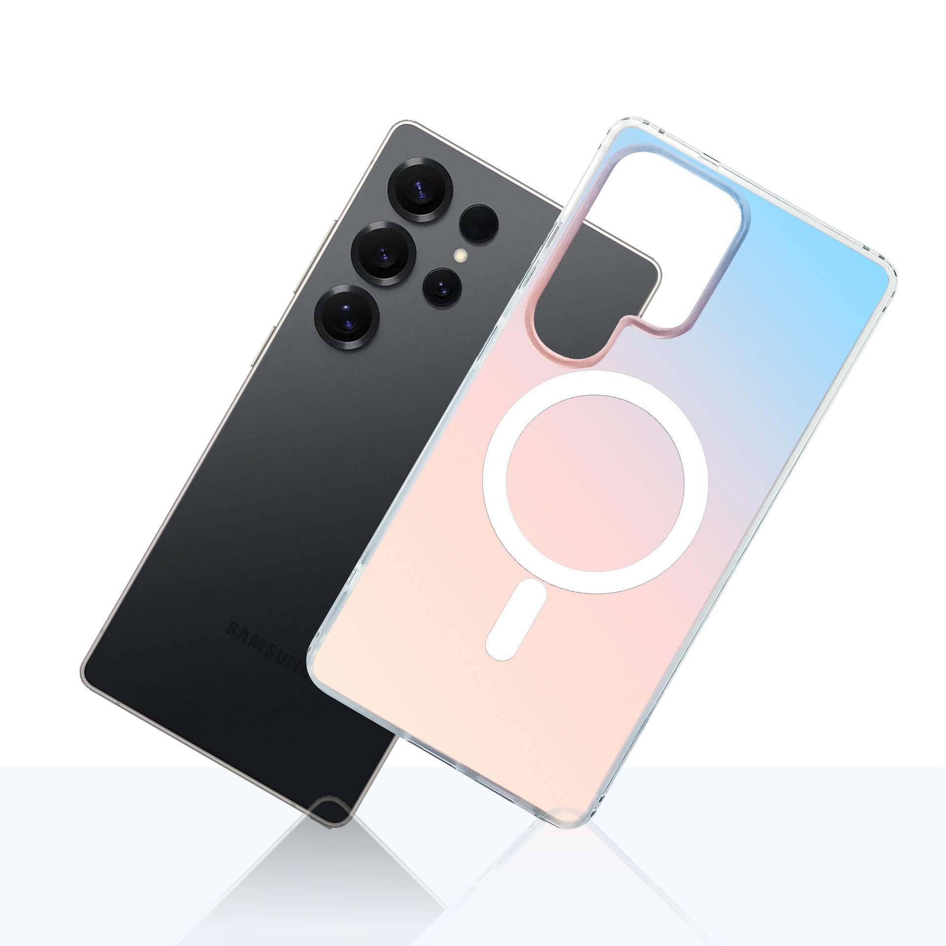 Czarny smartfon leży obok przezroczystego etui z gradientem kolorów.