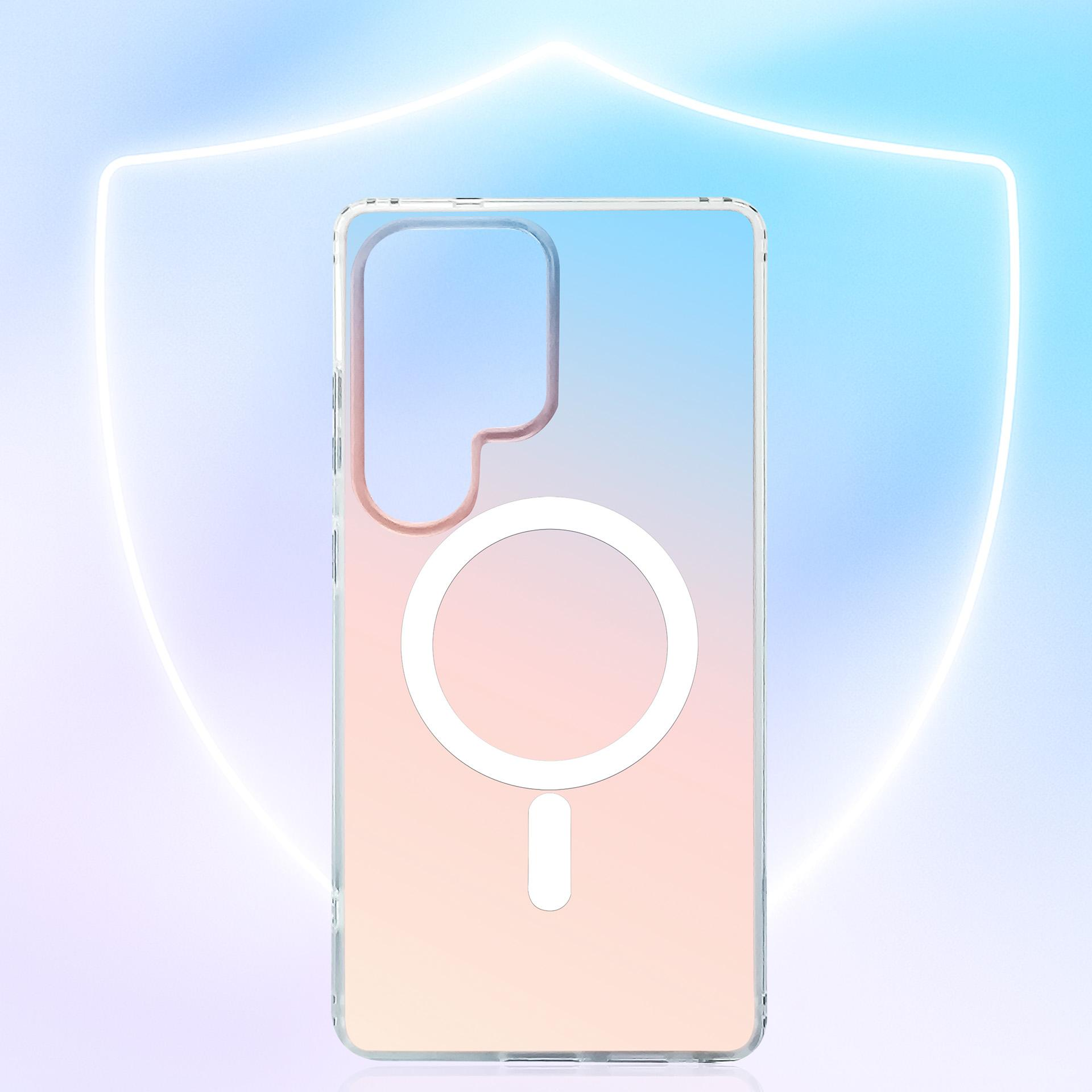 Przezroczyste etui na telefon z białym kołem i linią na różowym tle gradientowym.