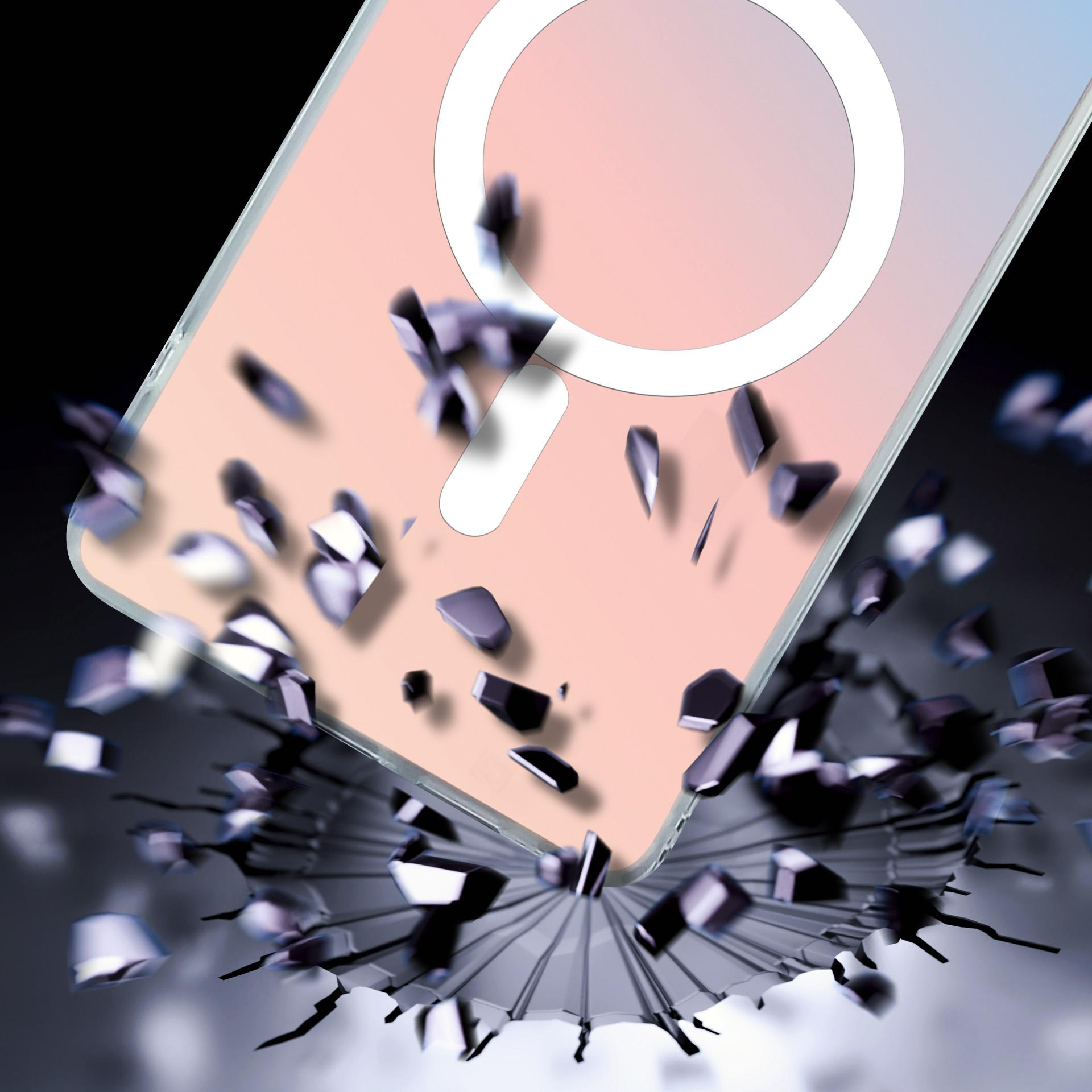 Telefon uderza w szklaną powierzchnię, która się rozpryskuje.