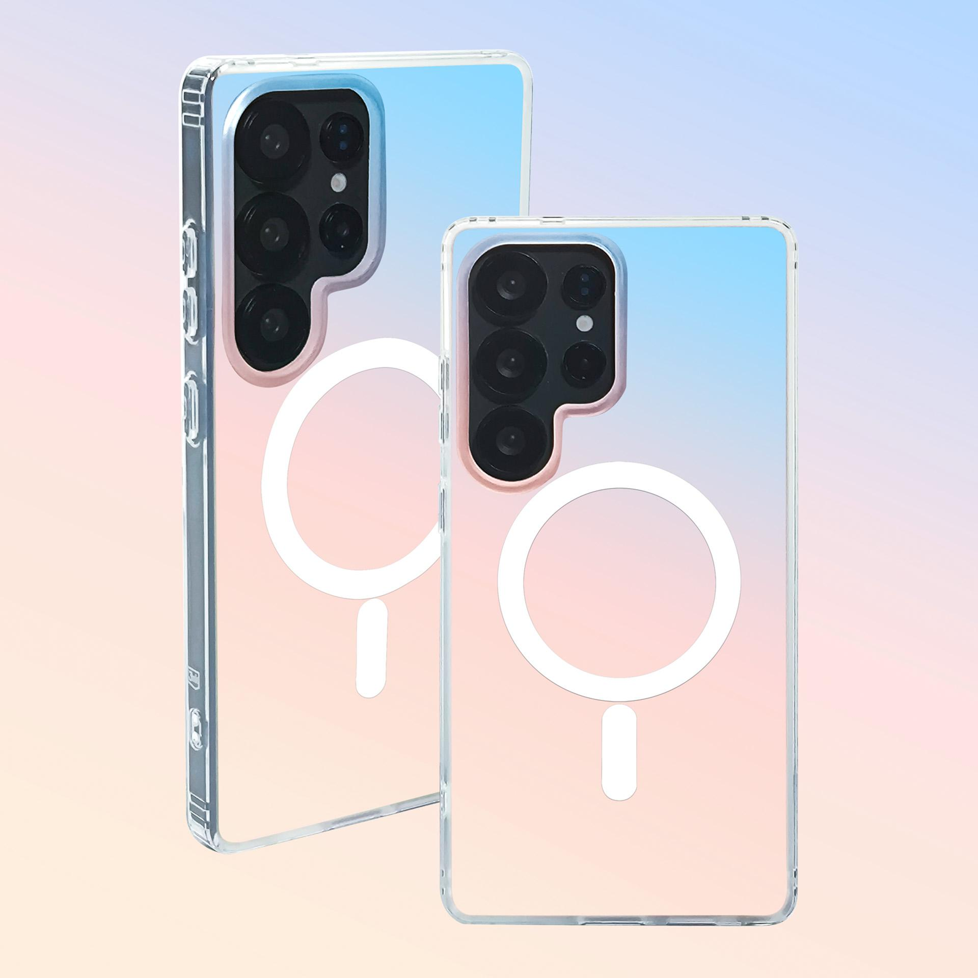 Dwa przezroczyste etui na telefon z pierścieniem MagSafe na tle gradientu.