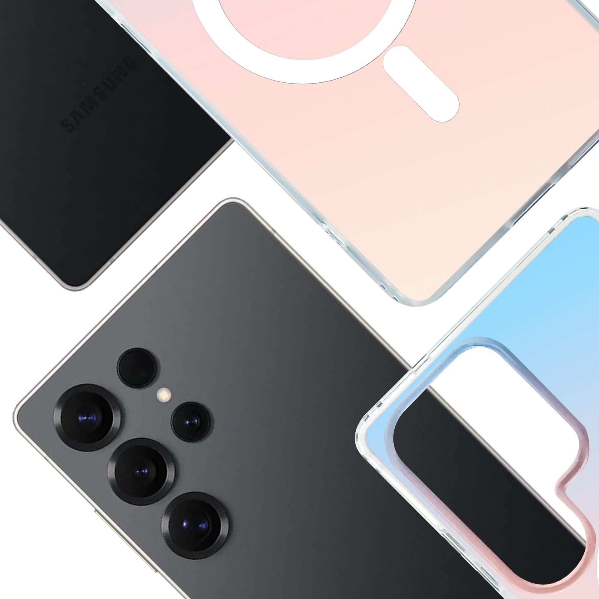 Trzy tylne części smartfonów: jedna czarna, jedna szara z aparatami, dwie przezroczyste etui.