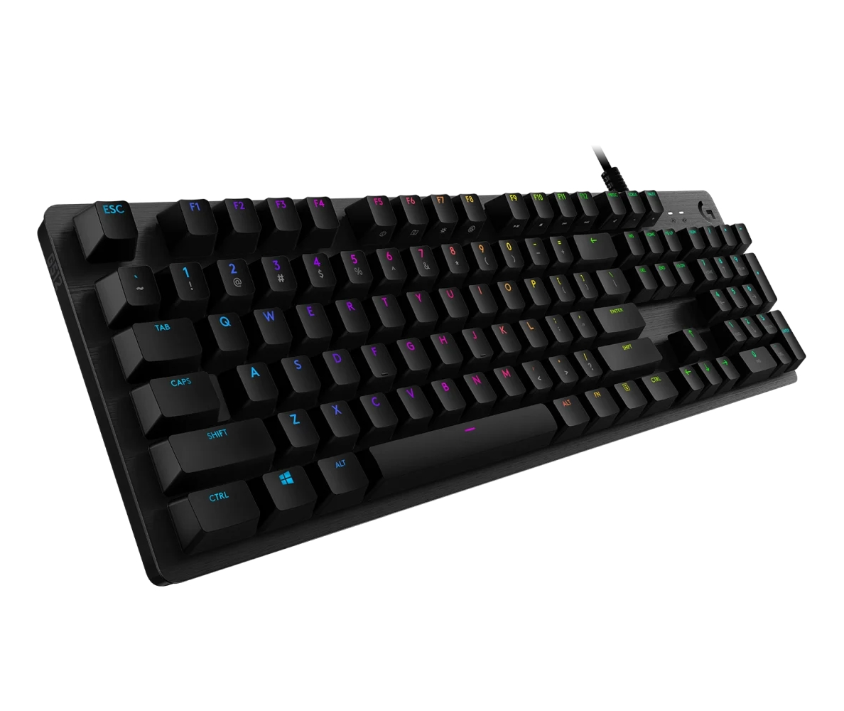 Czarna klawiatura z podświetlanymi klawiszami RGB i srebrną ramką.