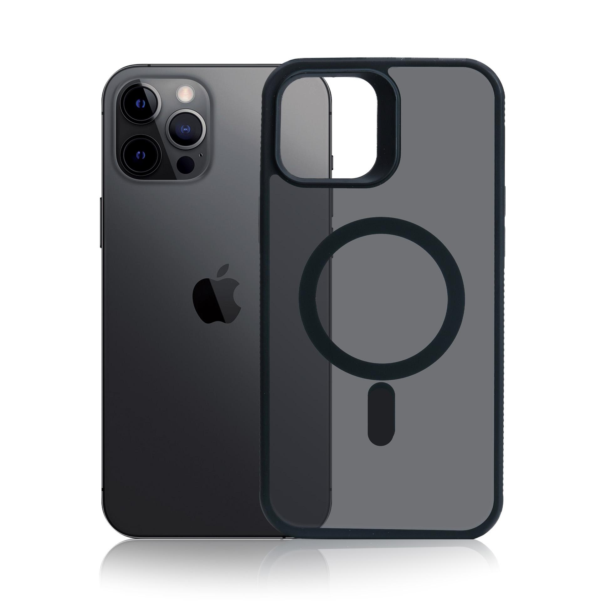 Ciemnoszare iPhone z modułem aparatu, obok przezroczyste etui z pierścieniem MagSafe.