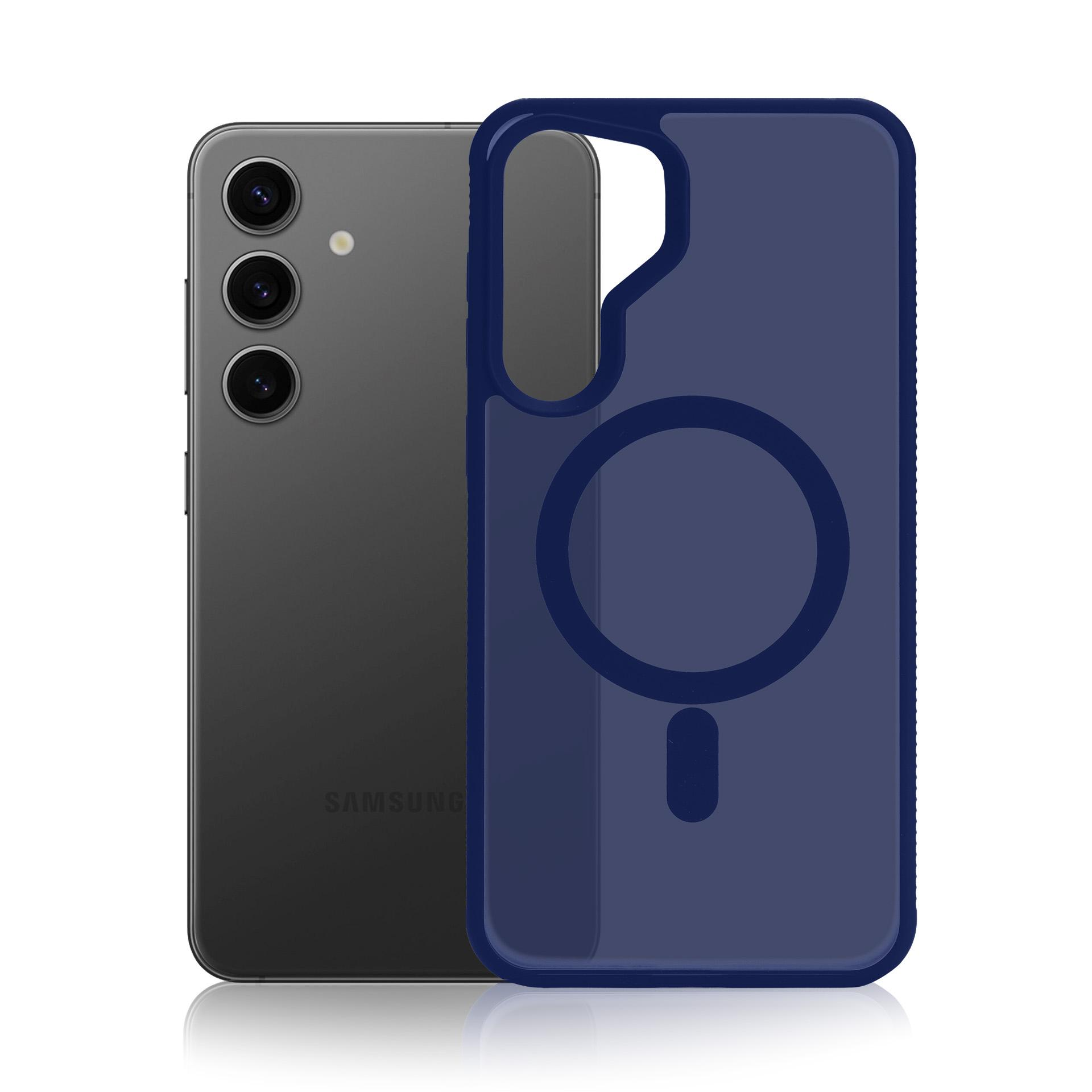 Granatowe etui na telefon z pierścieniem magnetycznym przed szarym smartfonem.