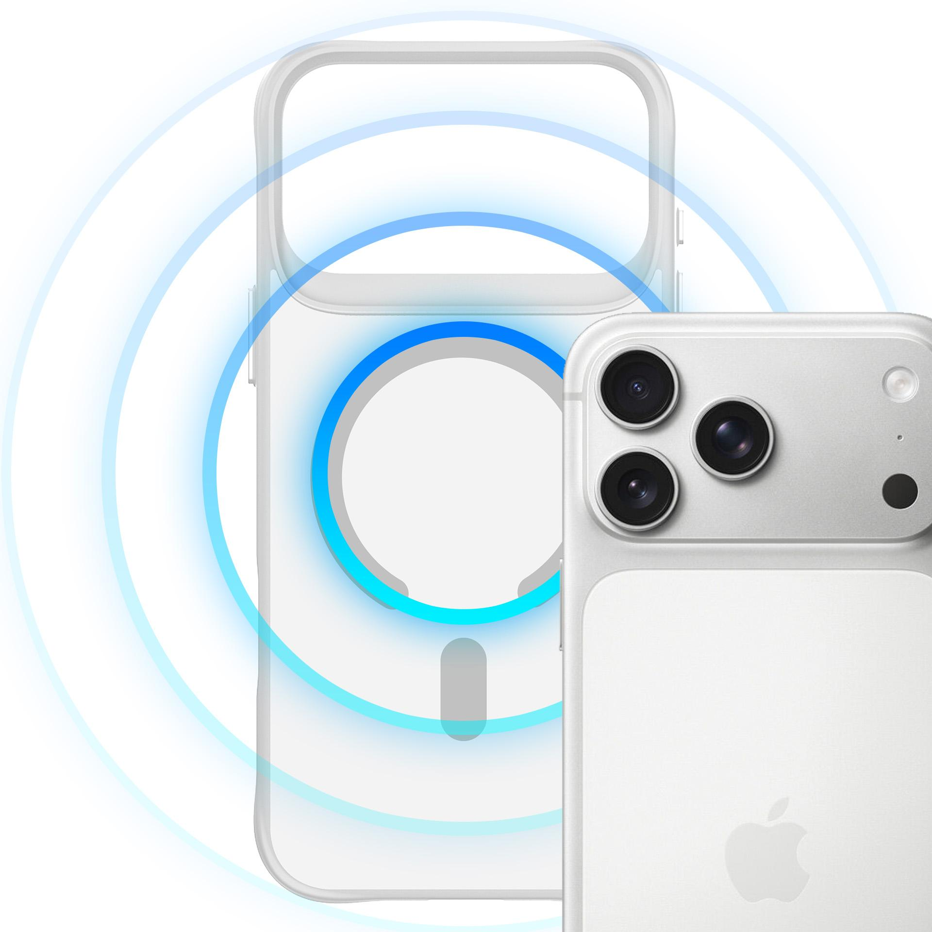 Biały iPhone z trzema aparatami i przezroczyste etui z niebieskimi pierścieniami.