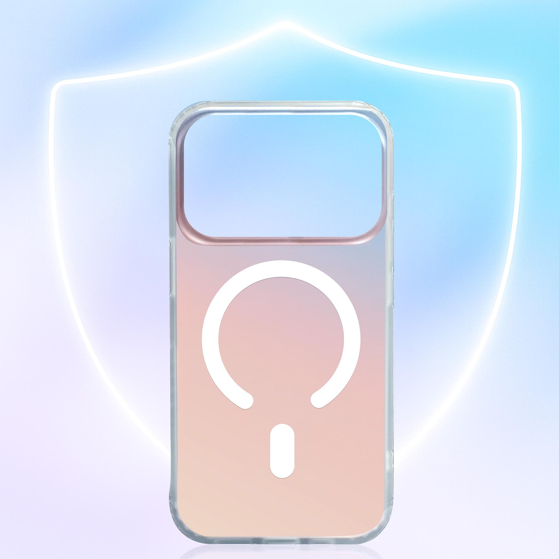 Przezroczyste etui z białym okręgiem i linią na różowym tle z gradientem.